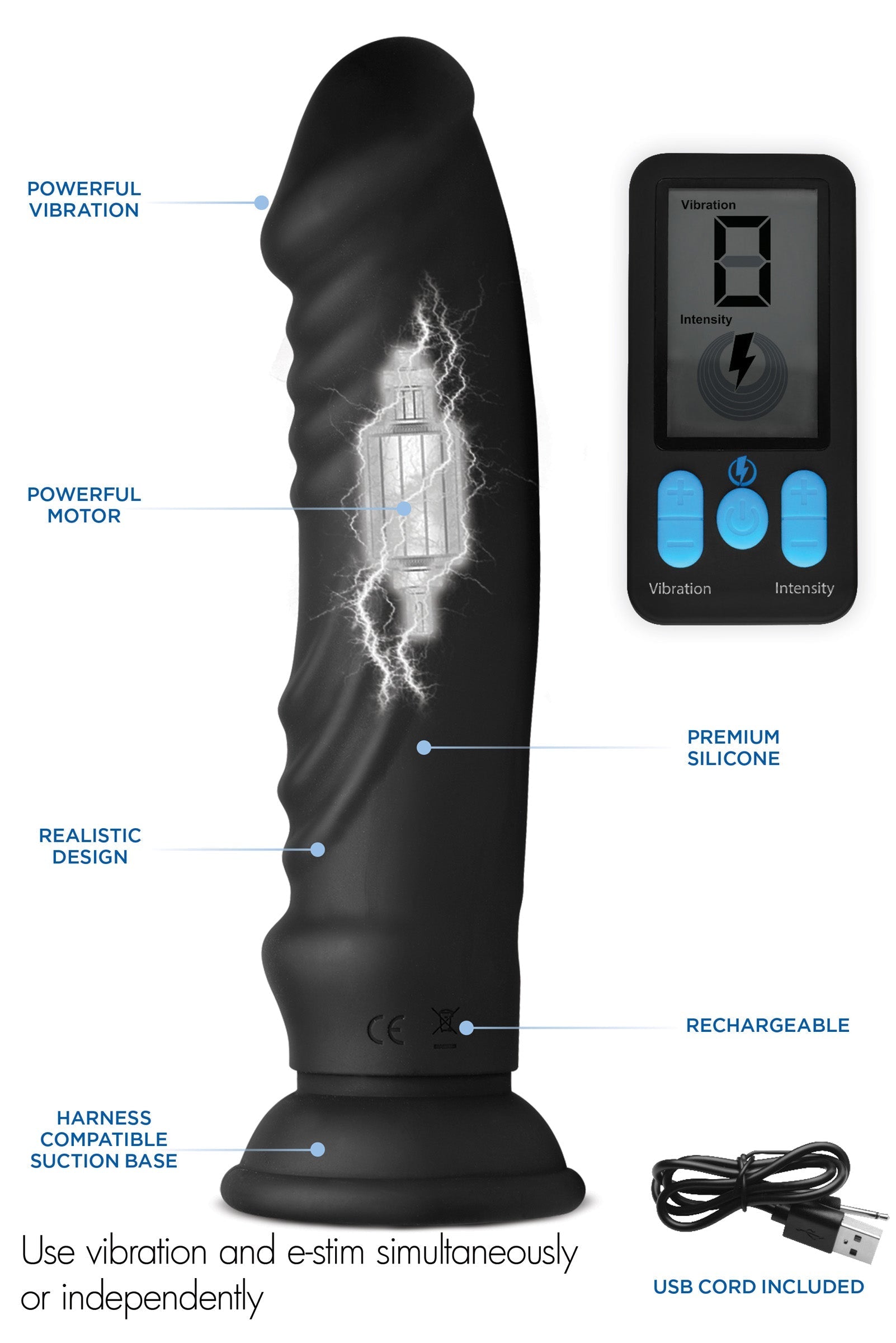 Black E-stim Pro 5x Vibrating Dildo with wireless remote control