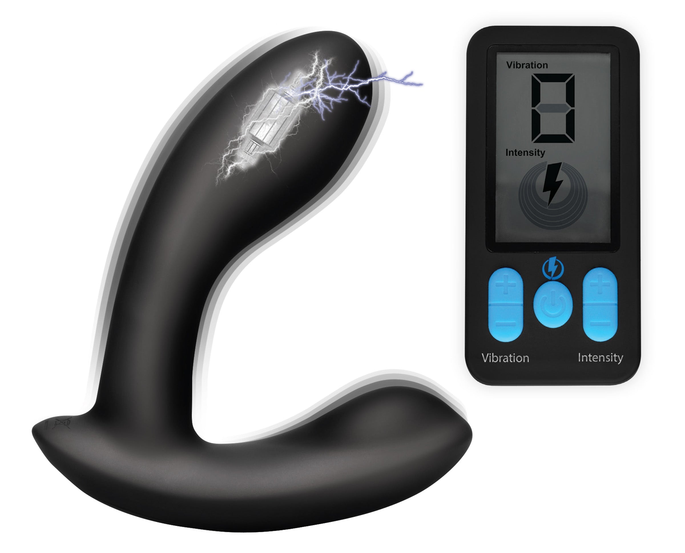 E-stim Pro Silicone Vibrating Prostate Massager with remote control featuring a lightning bolt design