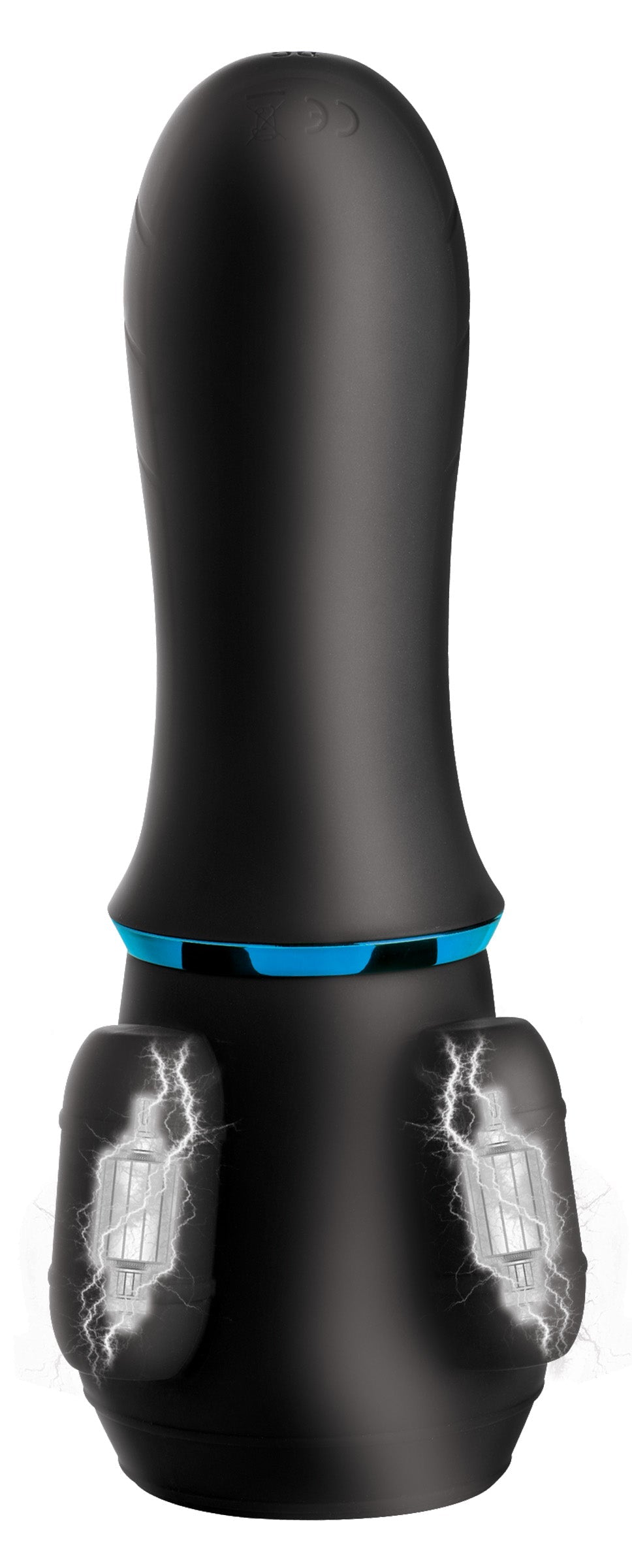 Silicone penis head stimulator with black and blue design and lightning motif