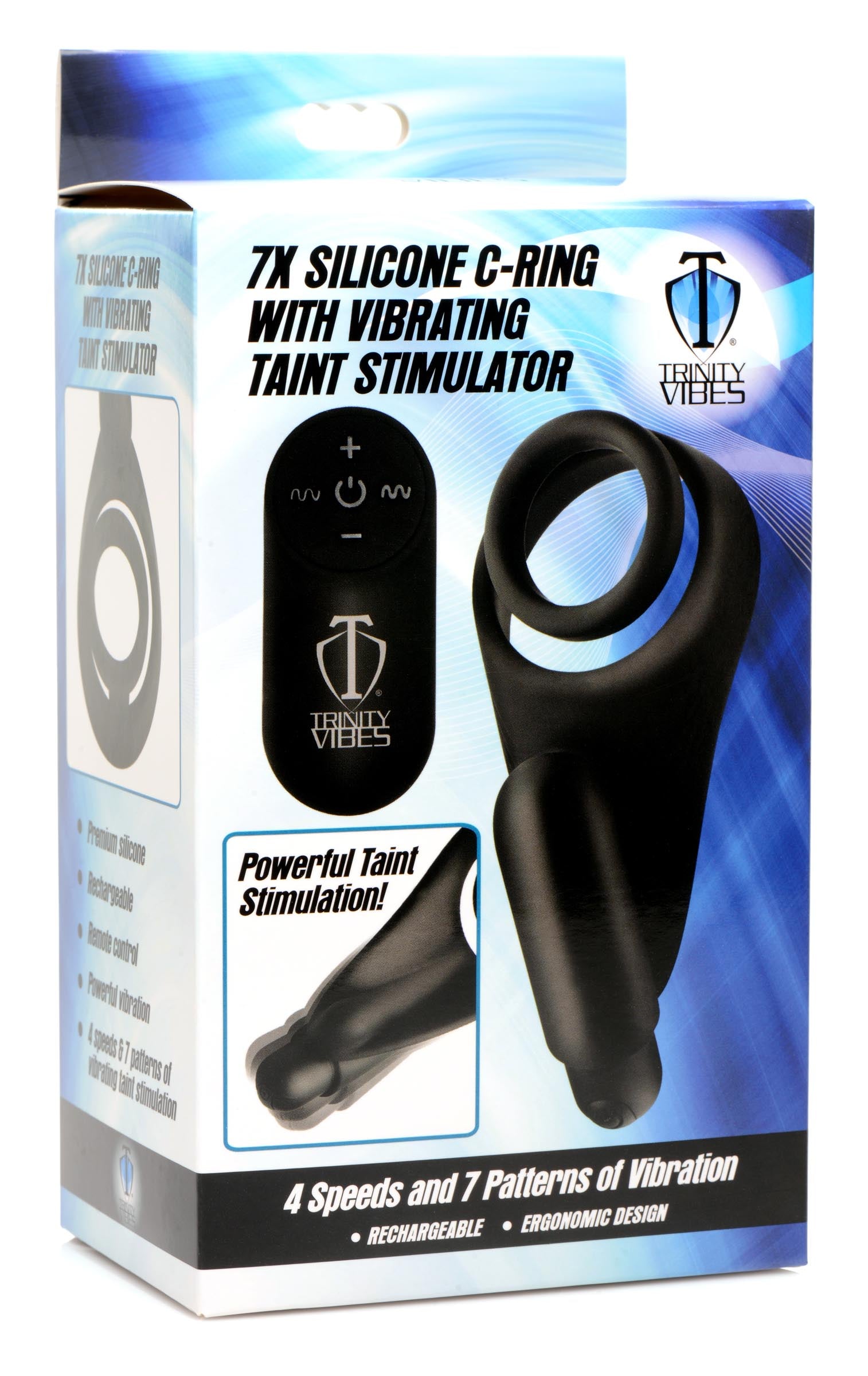 Product box showcasing the 7x Silicone C-ring with Vibrating Taint Stimulator features