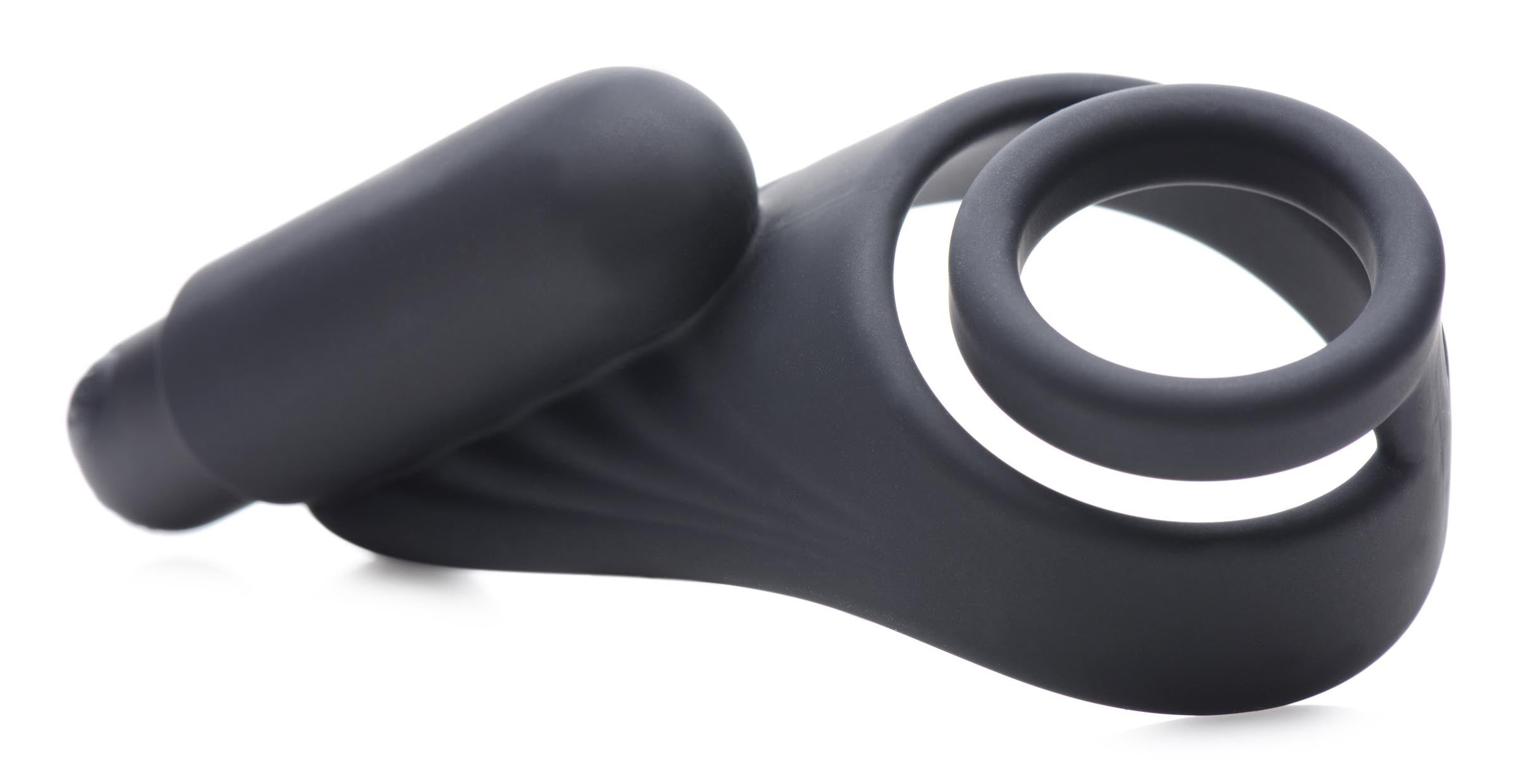 Close-up of the silicone C-ring with attached vibrating taint stimulator in black