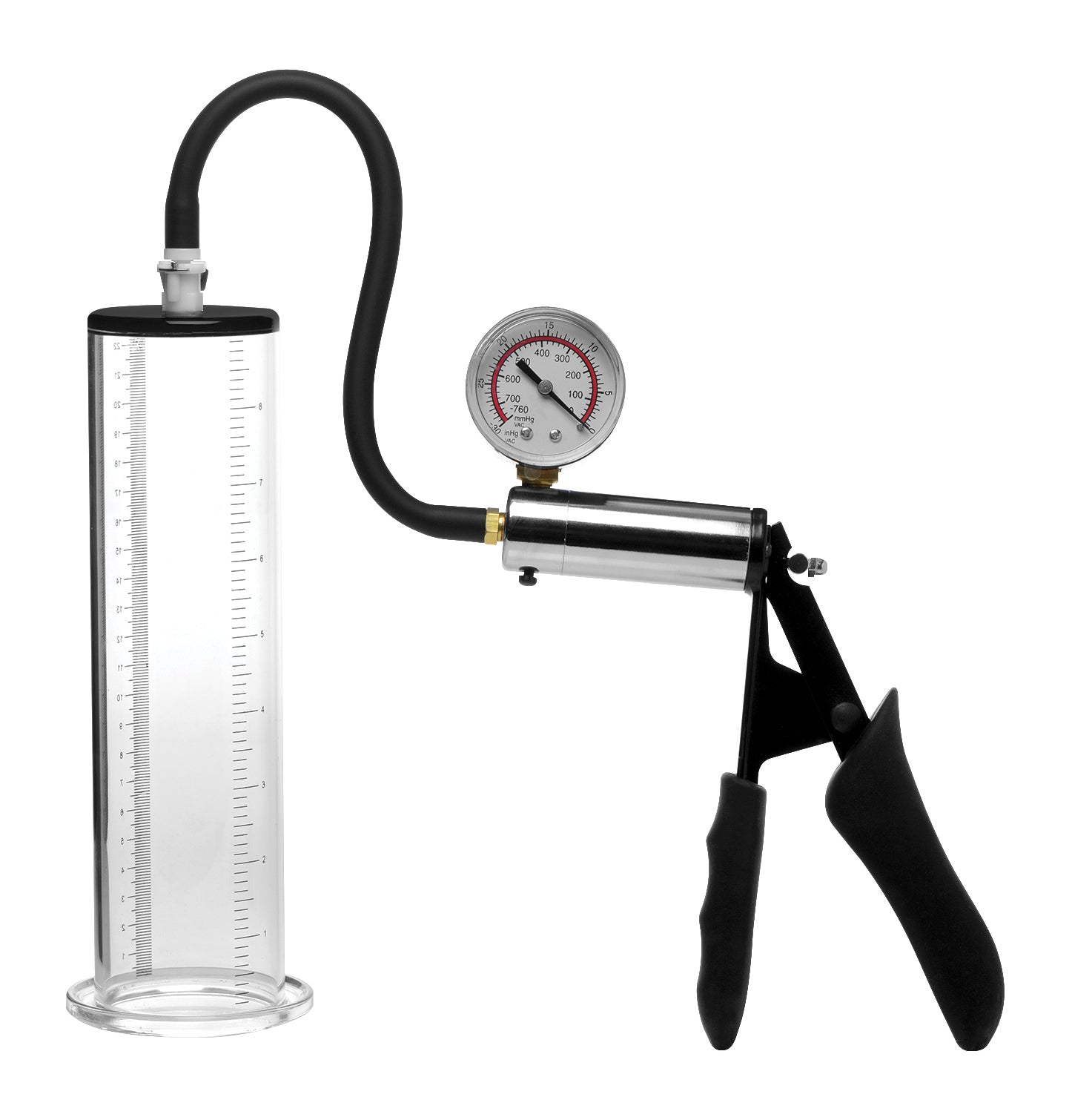 Penis Pump Kit featuring a pressure gauge attached to a transparent cylinder