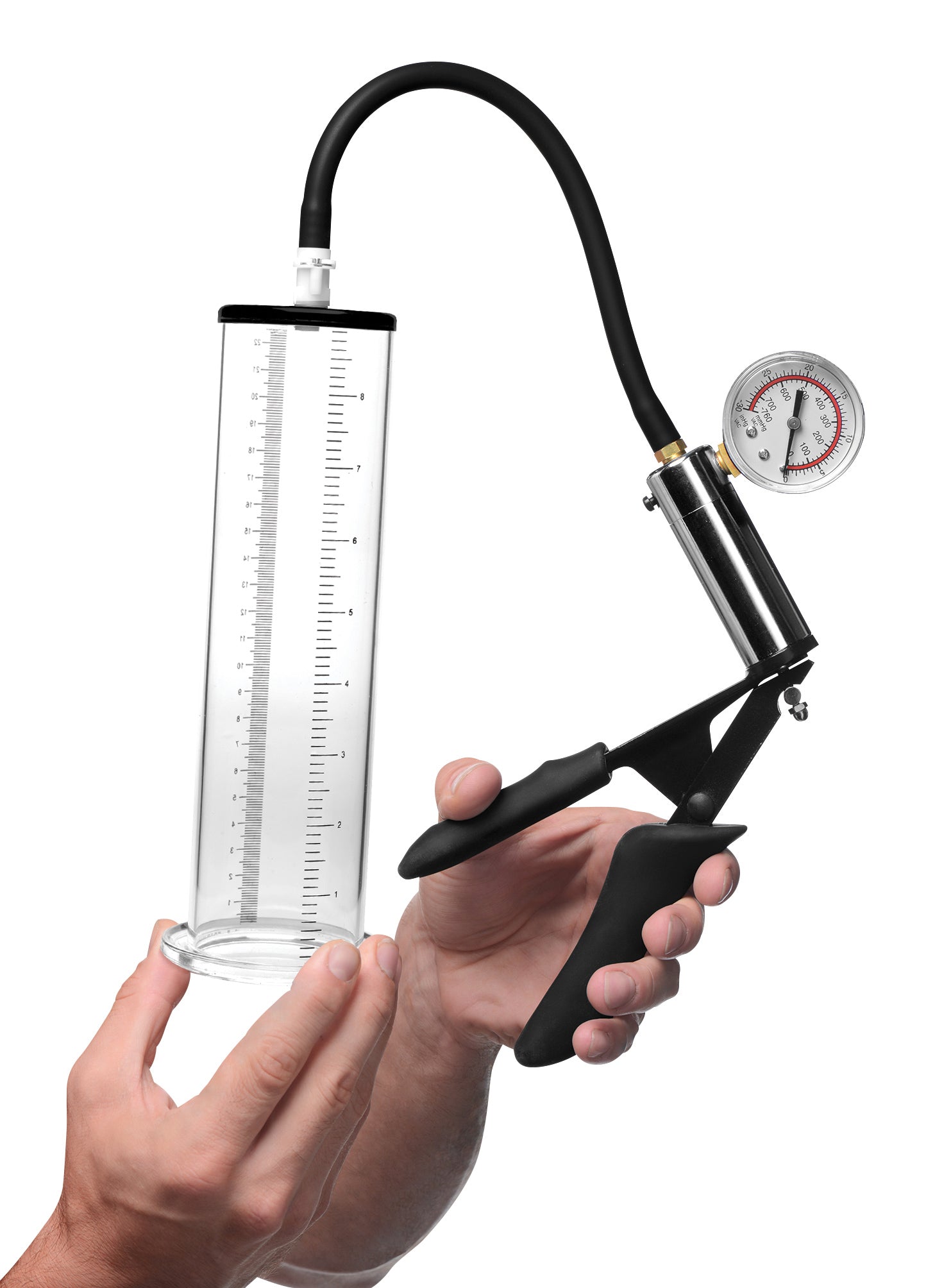 Hand holding the Penis Pump Kit with attached measuring gauge and hose