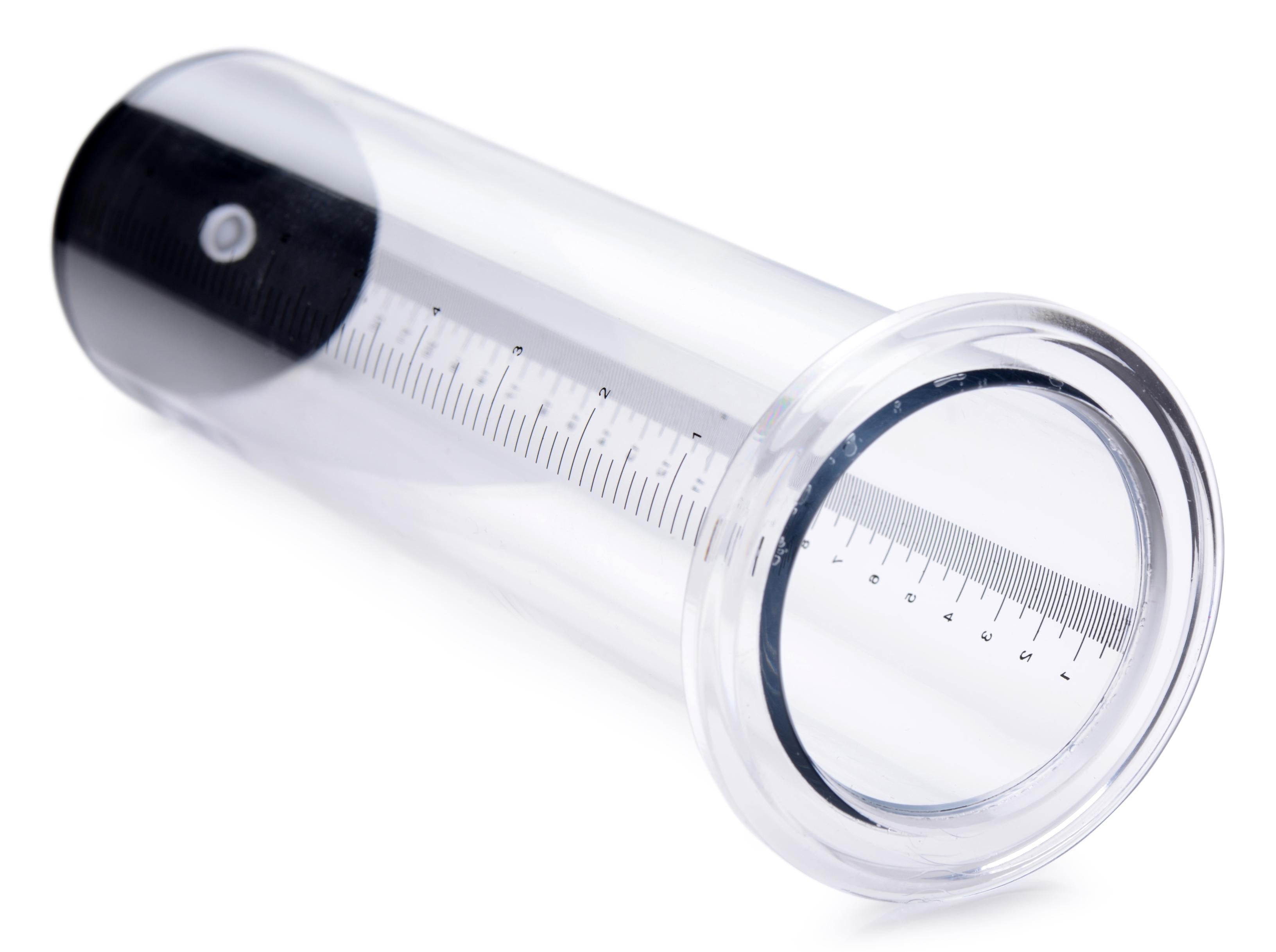 Detailed view of the Penis Pump Kit's clear cylinder with ergonomic black handle