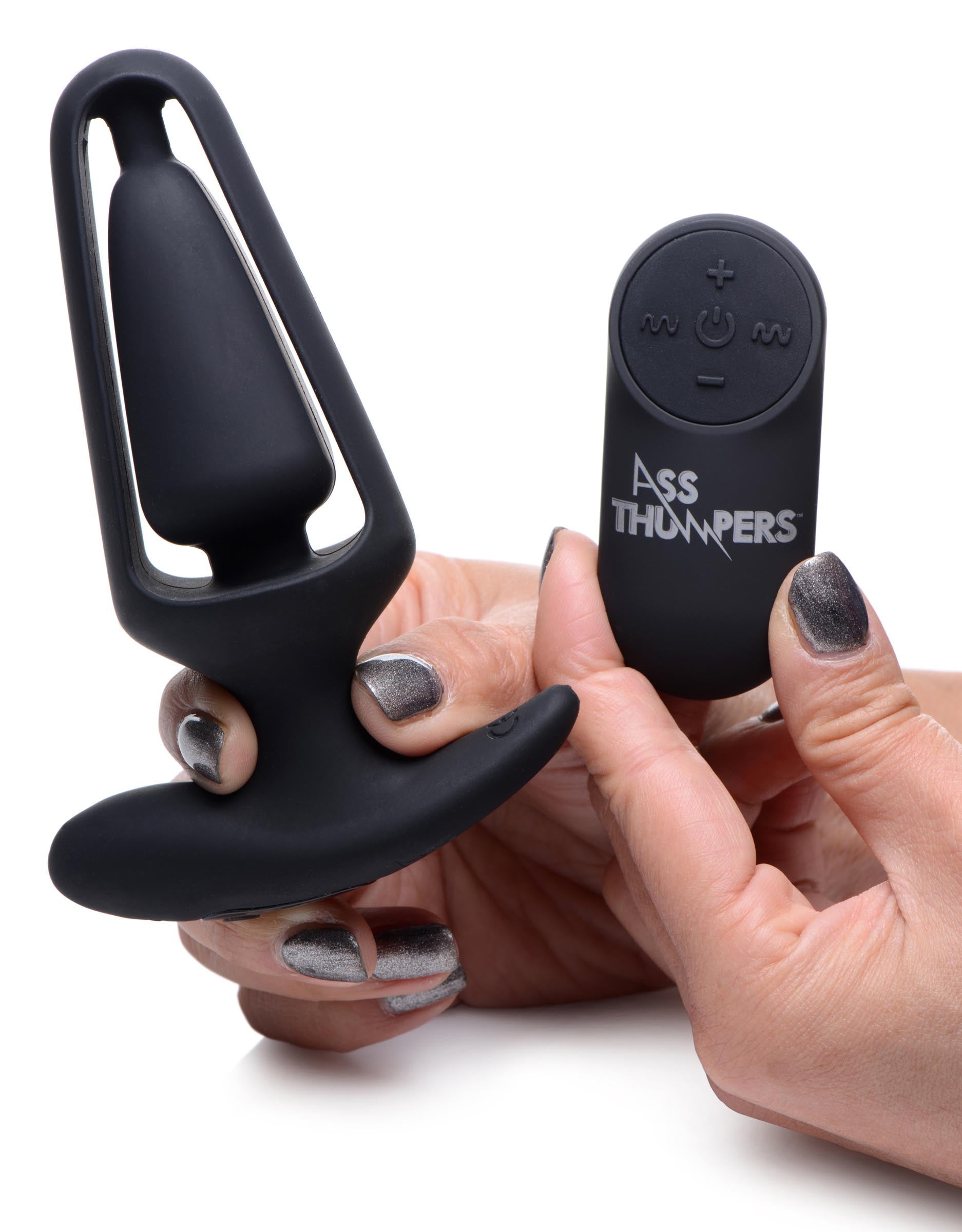 Black vibrating hollow silicone anal plug with multiple settings