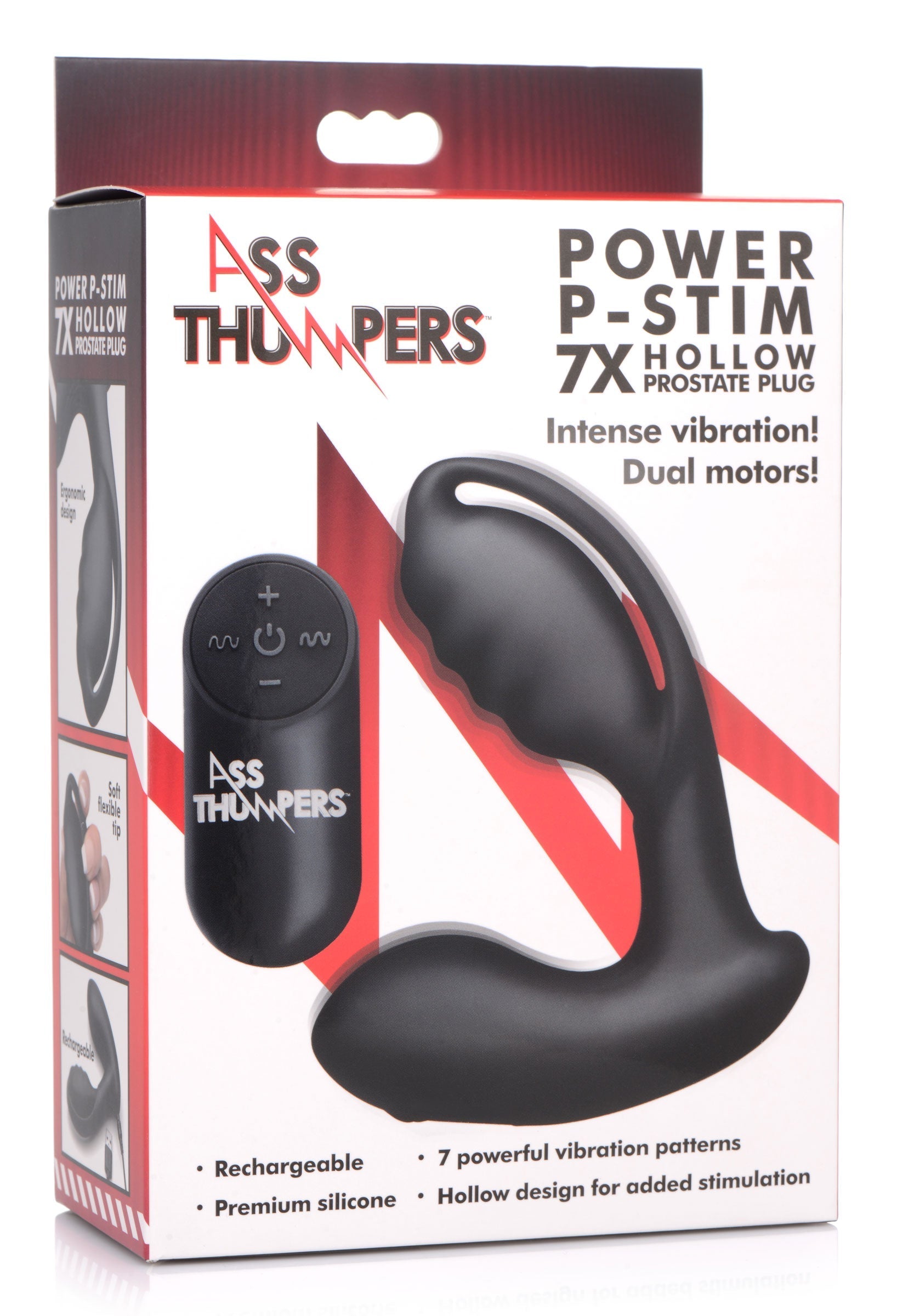 Packaging of the 7x Power P-stim Hollow Silicone Prostate Plug displayed on a surface