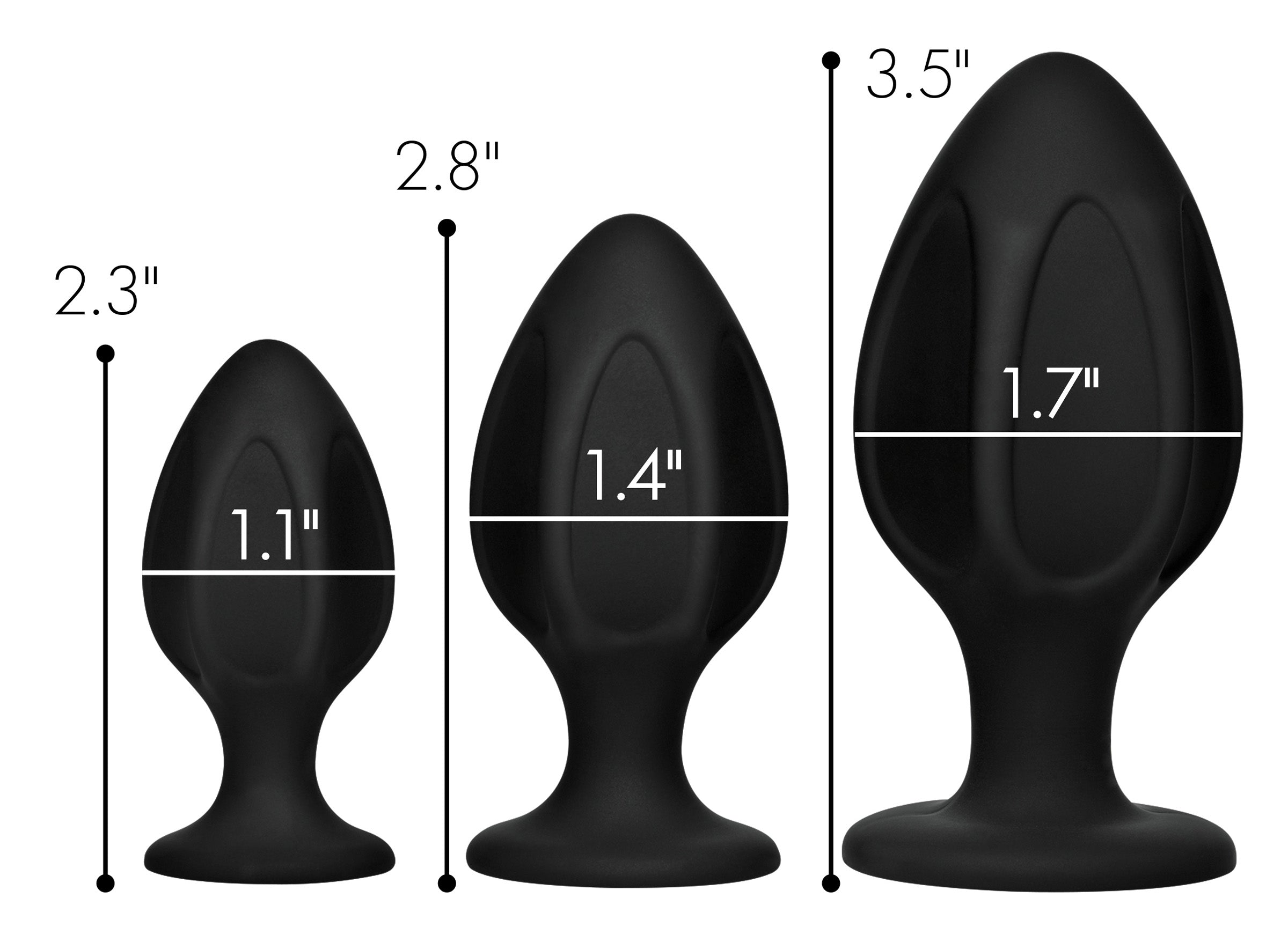 Dimensions displayed for a set of silicone anal training plugs