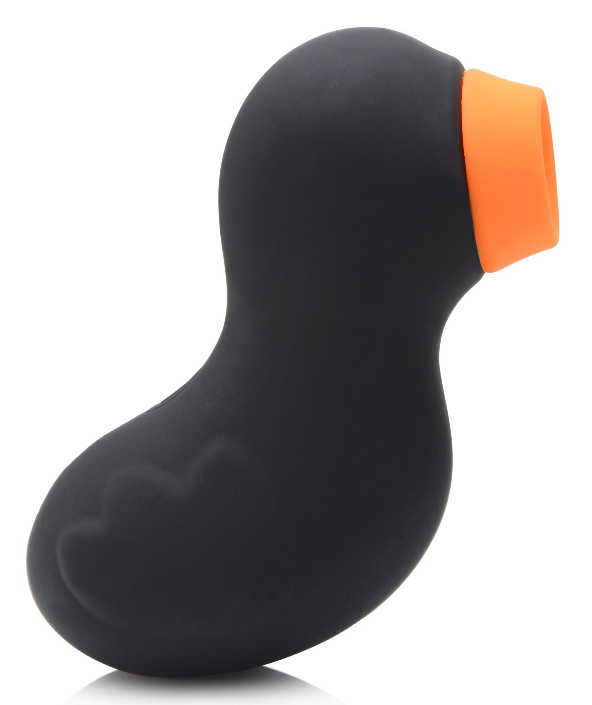 Black clitoral stimulator with a duck design and orange detail