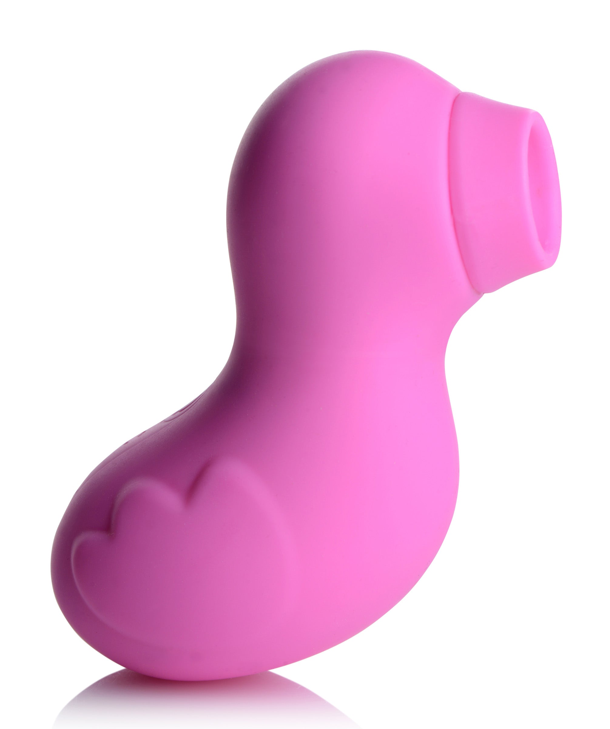 Duck-shaped pink clitoral stimulator displayed on a white background