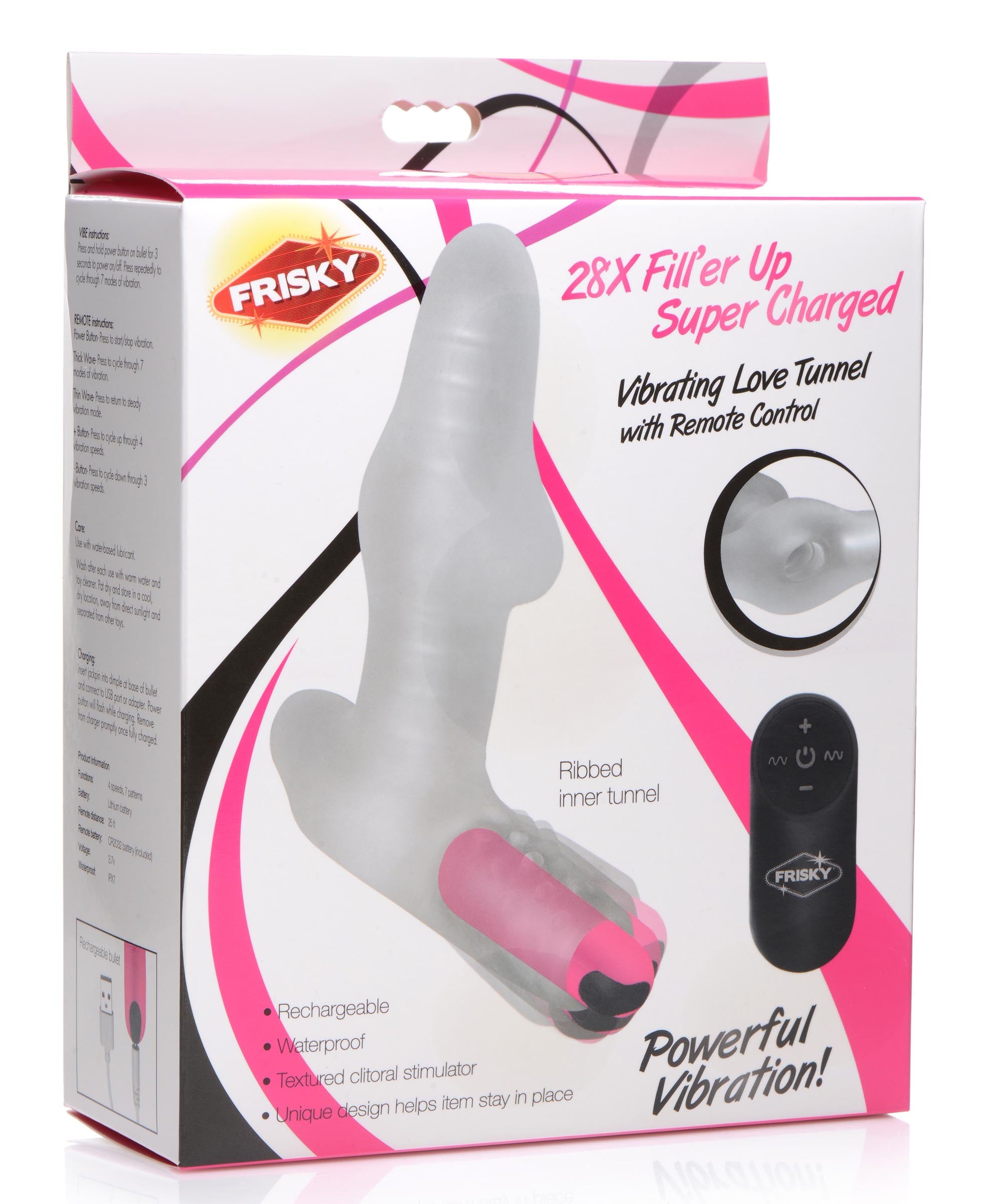 The 28x Filler Up Super Charged Vibrating Love Tunnel with its packaging and remote control