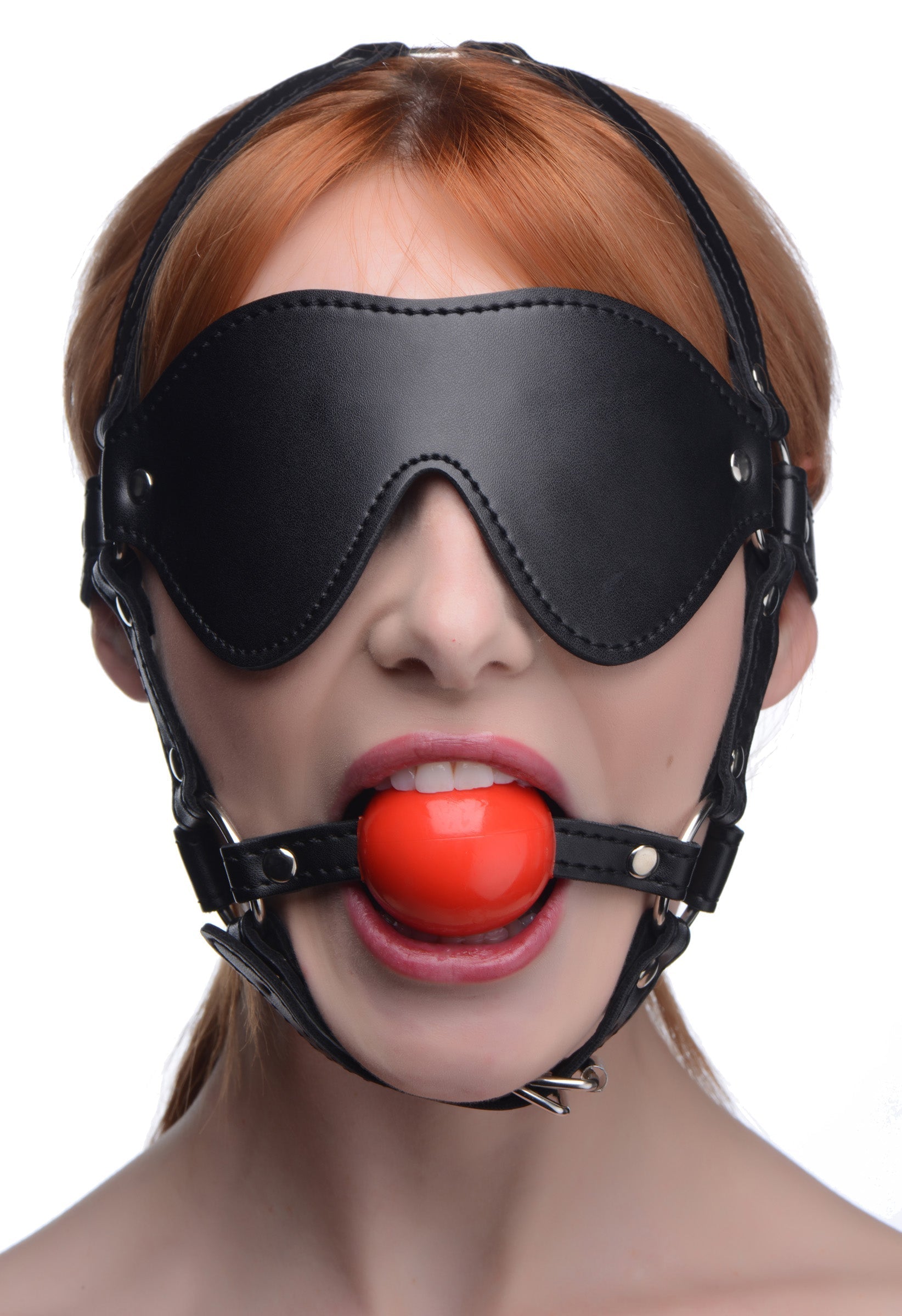 A female model showcasing the Blindfold and Red Ball Gag separately