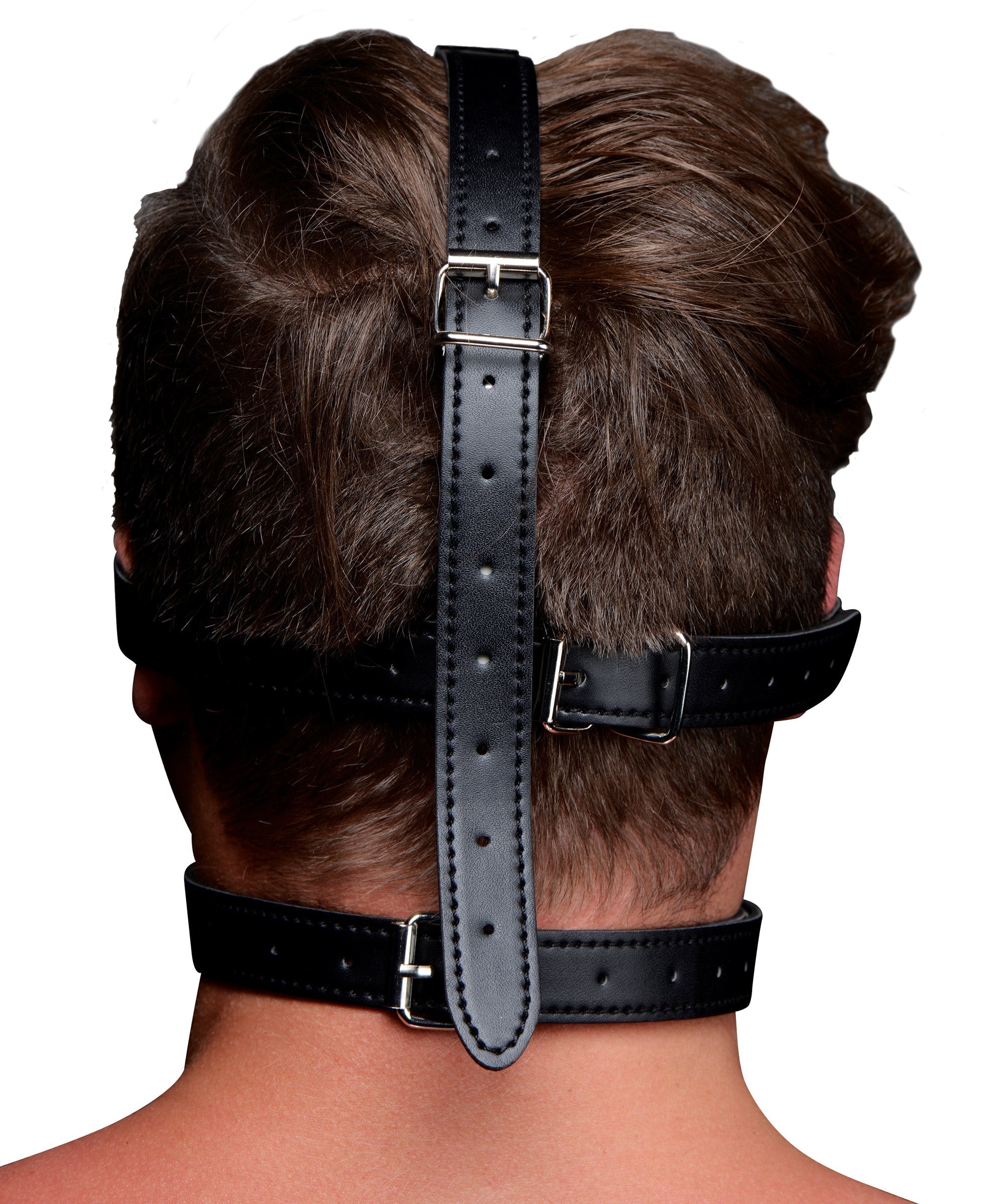 A rear view of the Blindfold Harness on a model