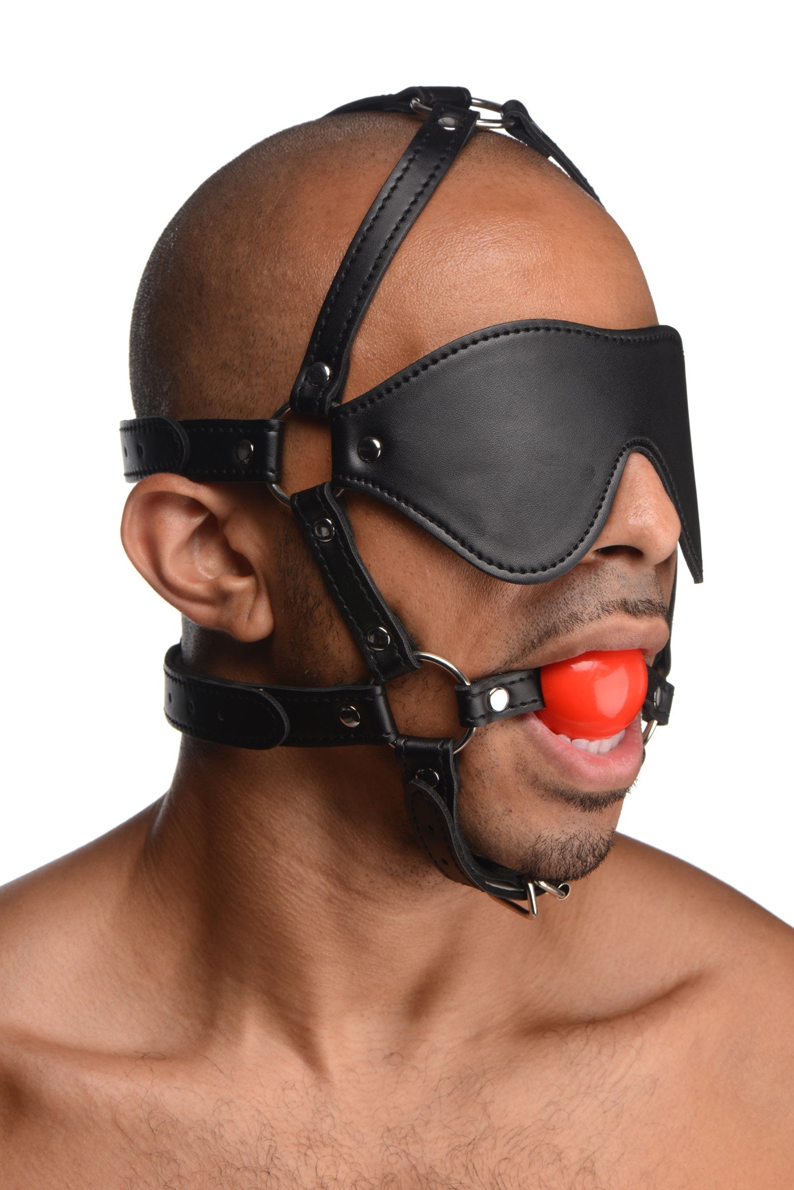 The Red Ball Gag portion of the Blindfold Harness set on a male model