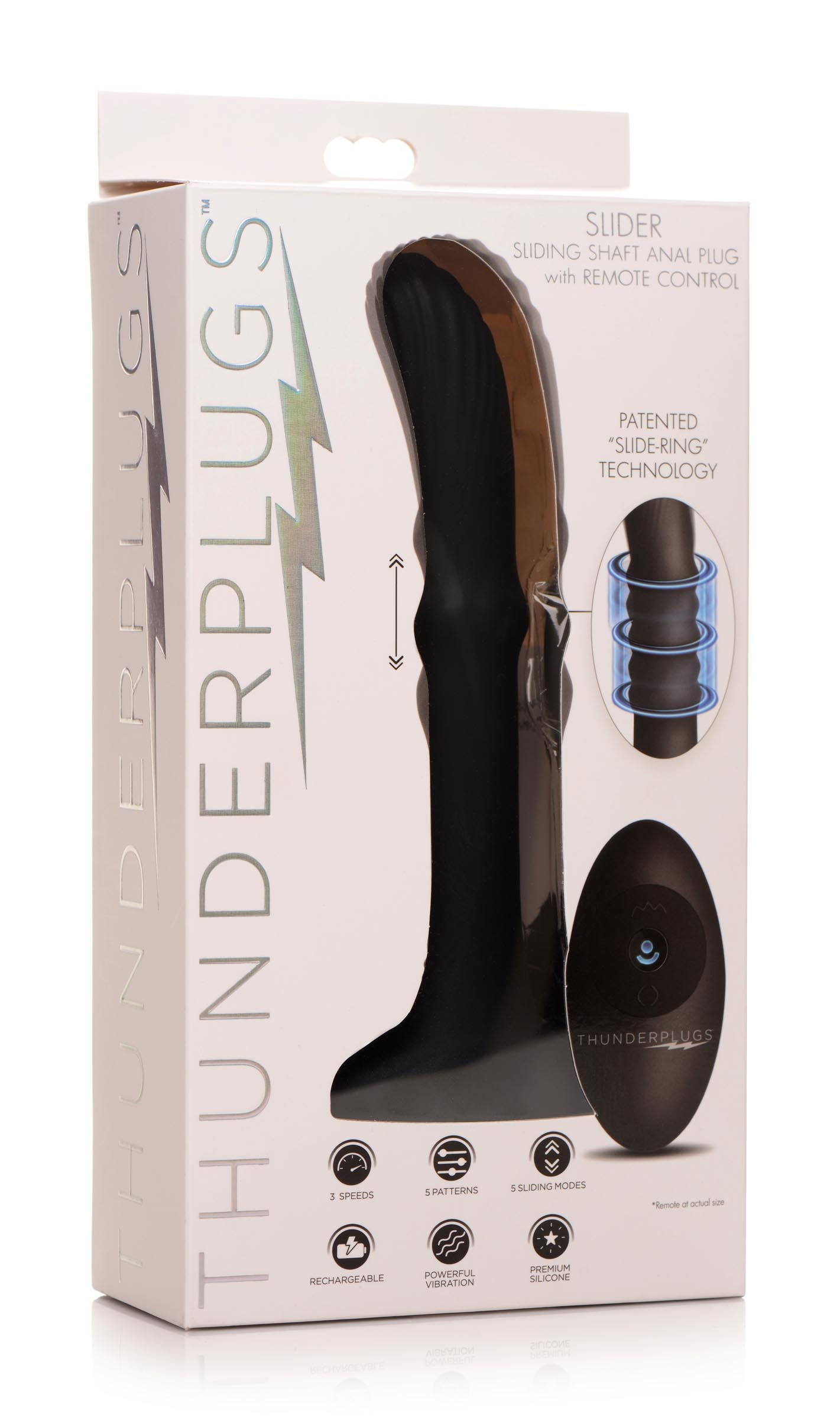 Black silicone anal vibrating plug with sliding shaft feature