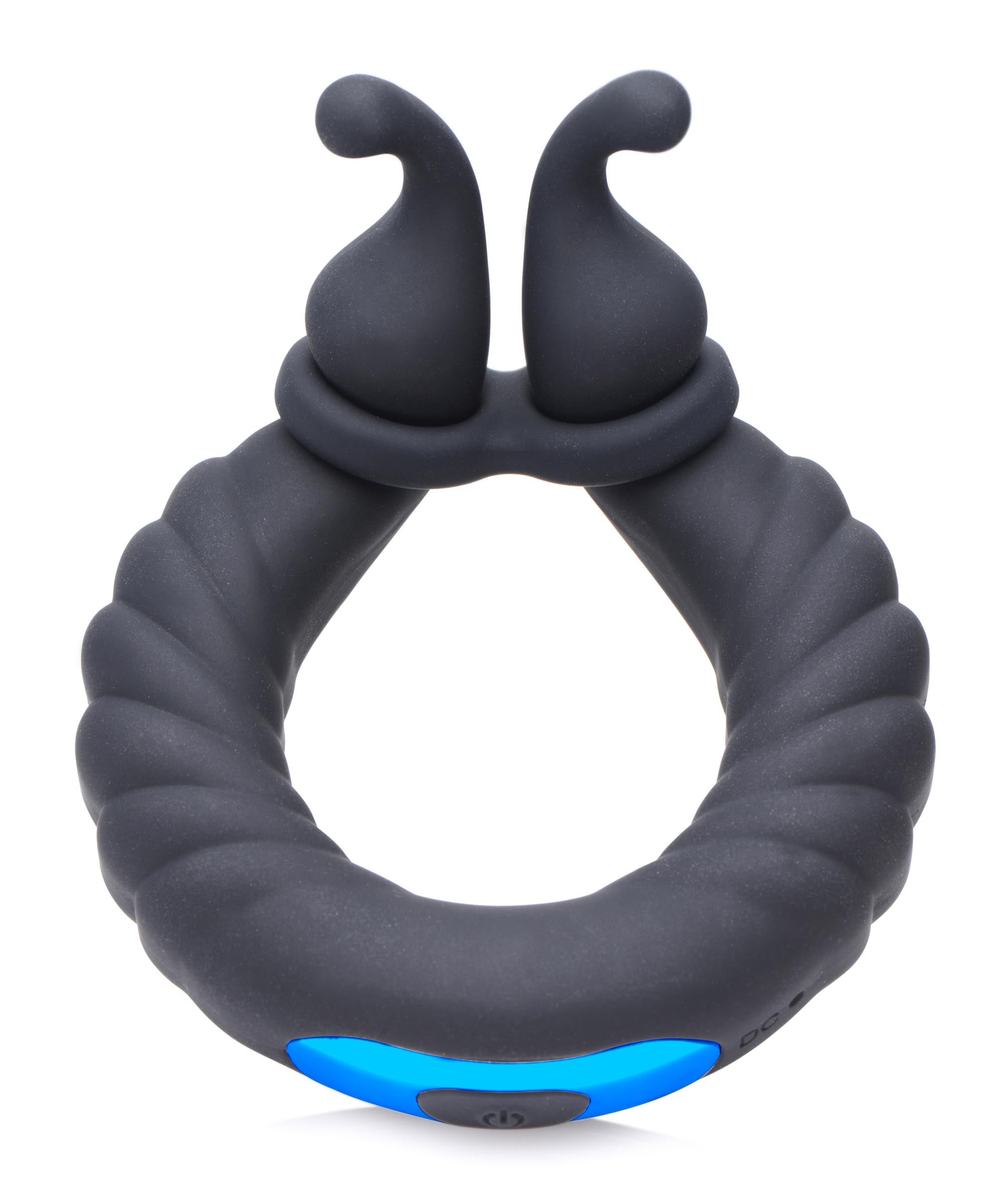 Black silicone cock ring featuring integrated blue LED lights