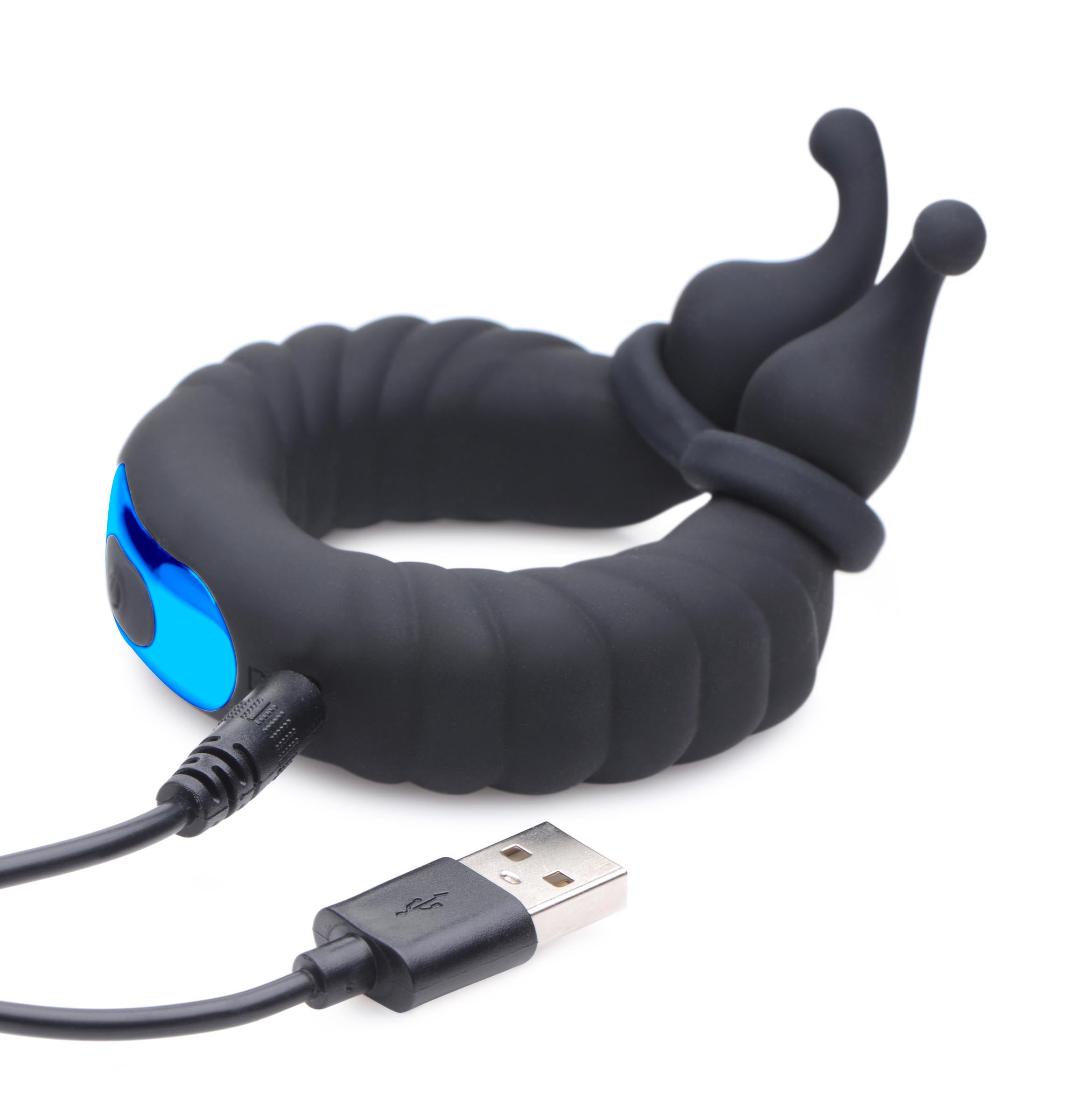 USB rechargeable black and blue dual stimulation cock ring