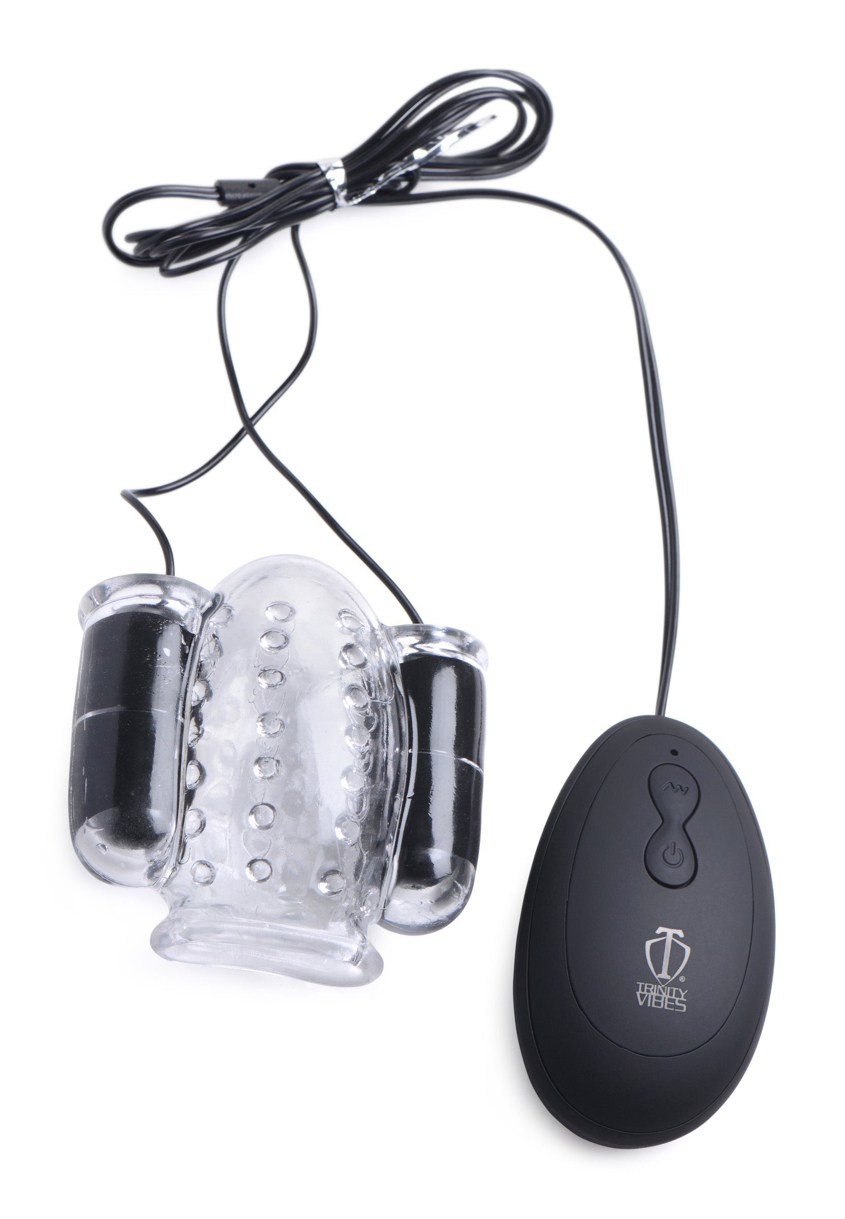 The 20x Deluxe Dual Vibrating Head Teaser alongside its black and white remote control