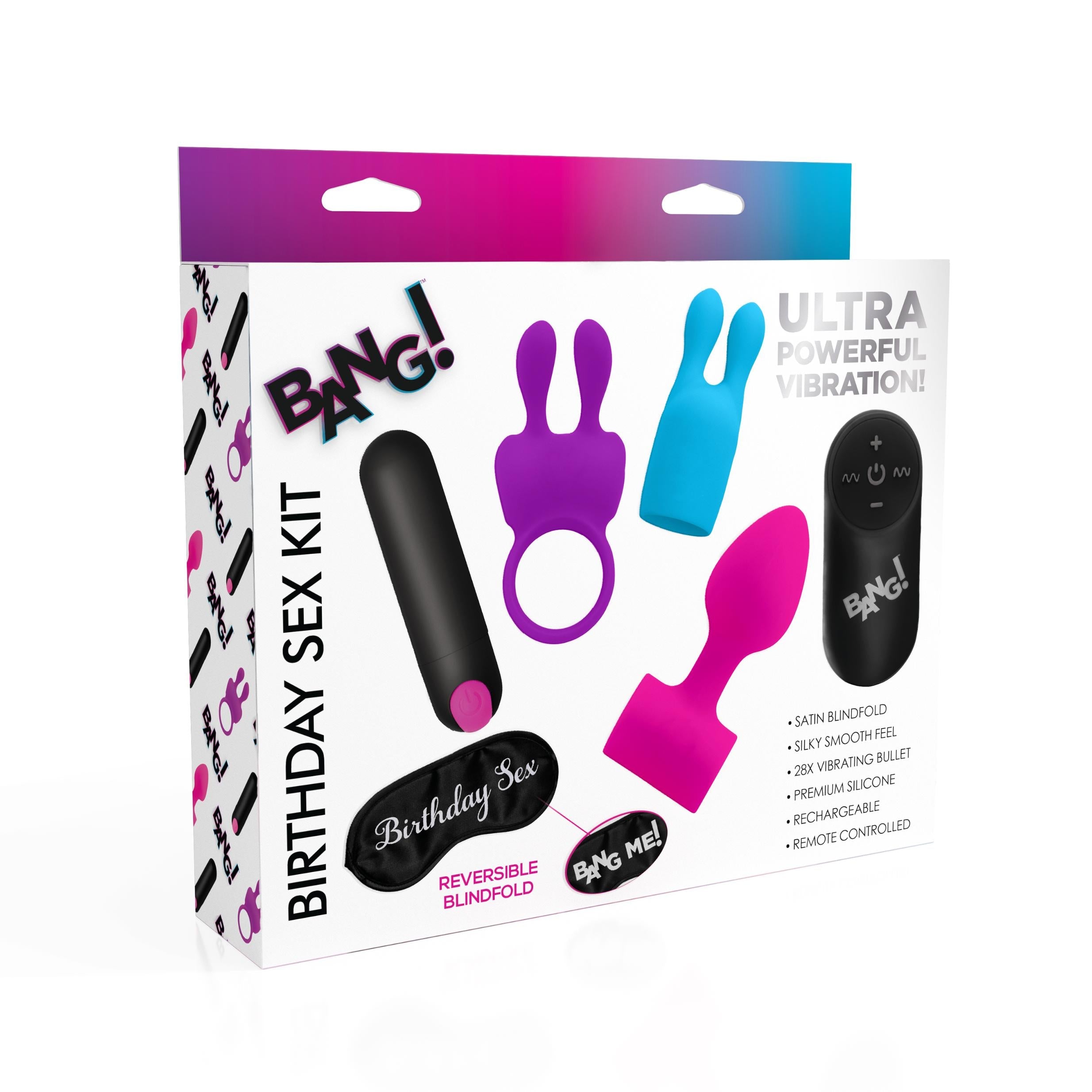 Contents of the Birthday Sex Kit with a vibrator, remote control, and additional accessories