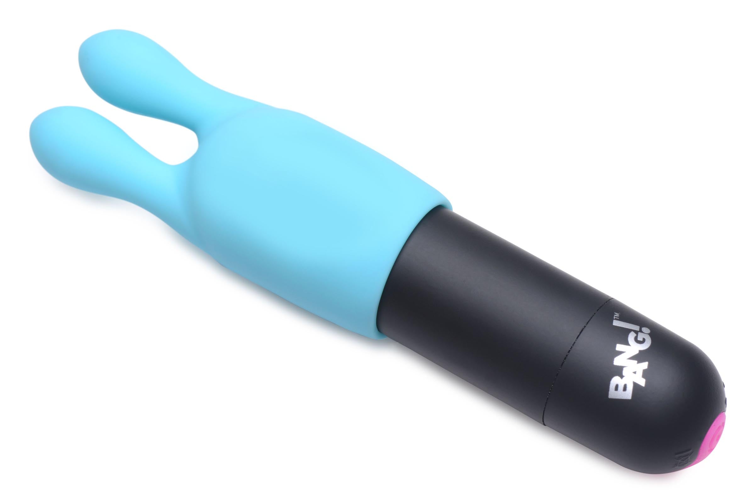 Vibrator from the Birthday Sex Kit with blue and black design and pink grip