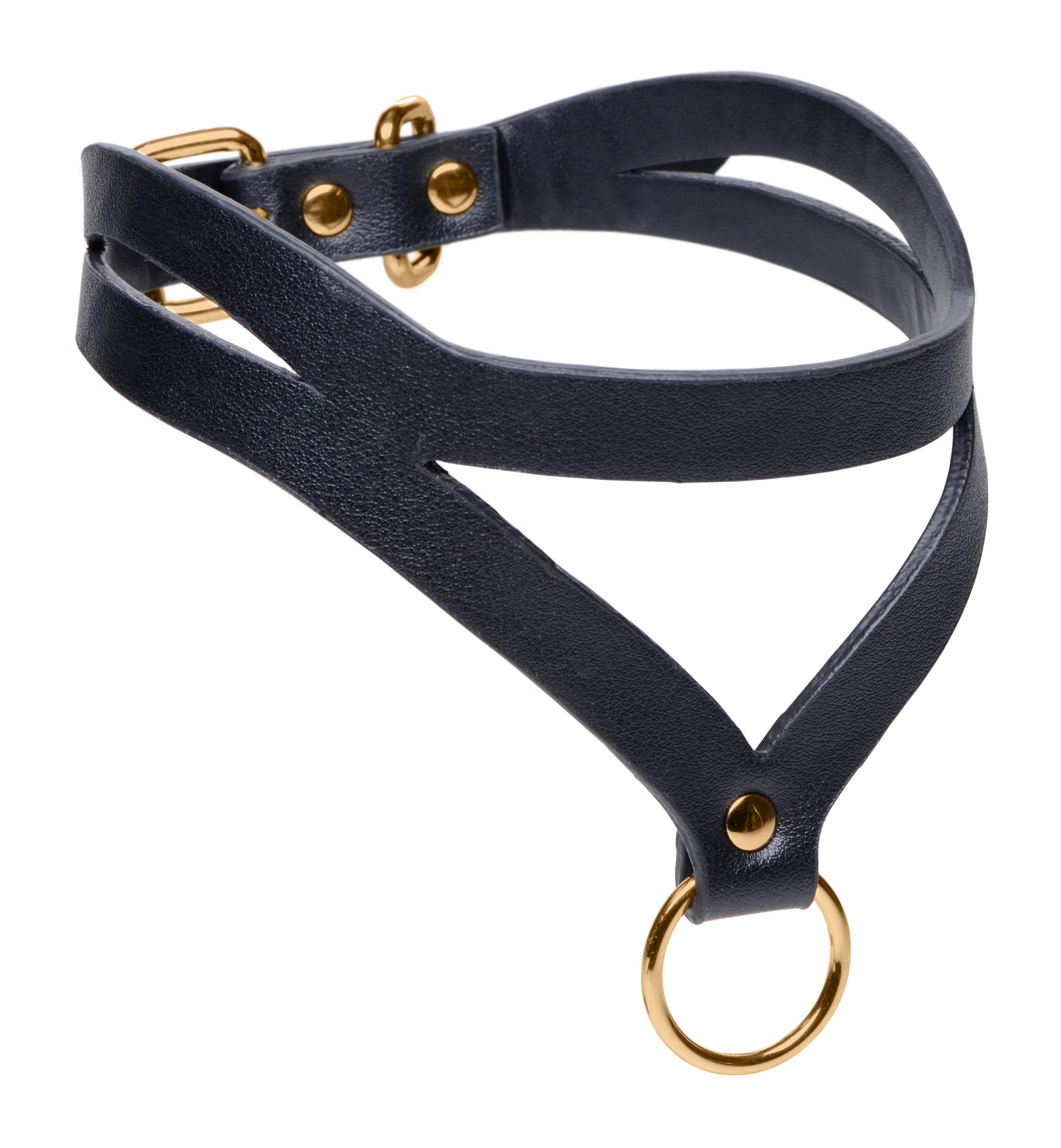 Angled shot of the Bondage Baddie Black and Gold Collar, emphasizing the quality of the leather and gold accents