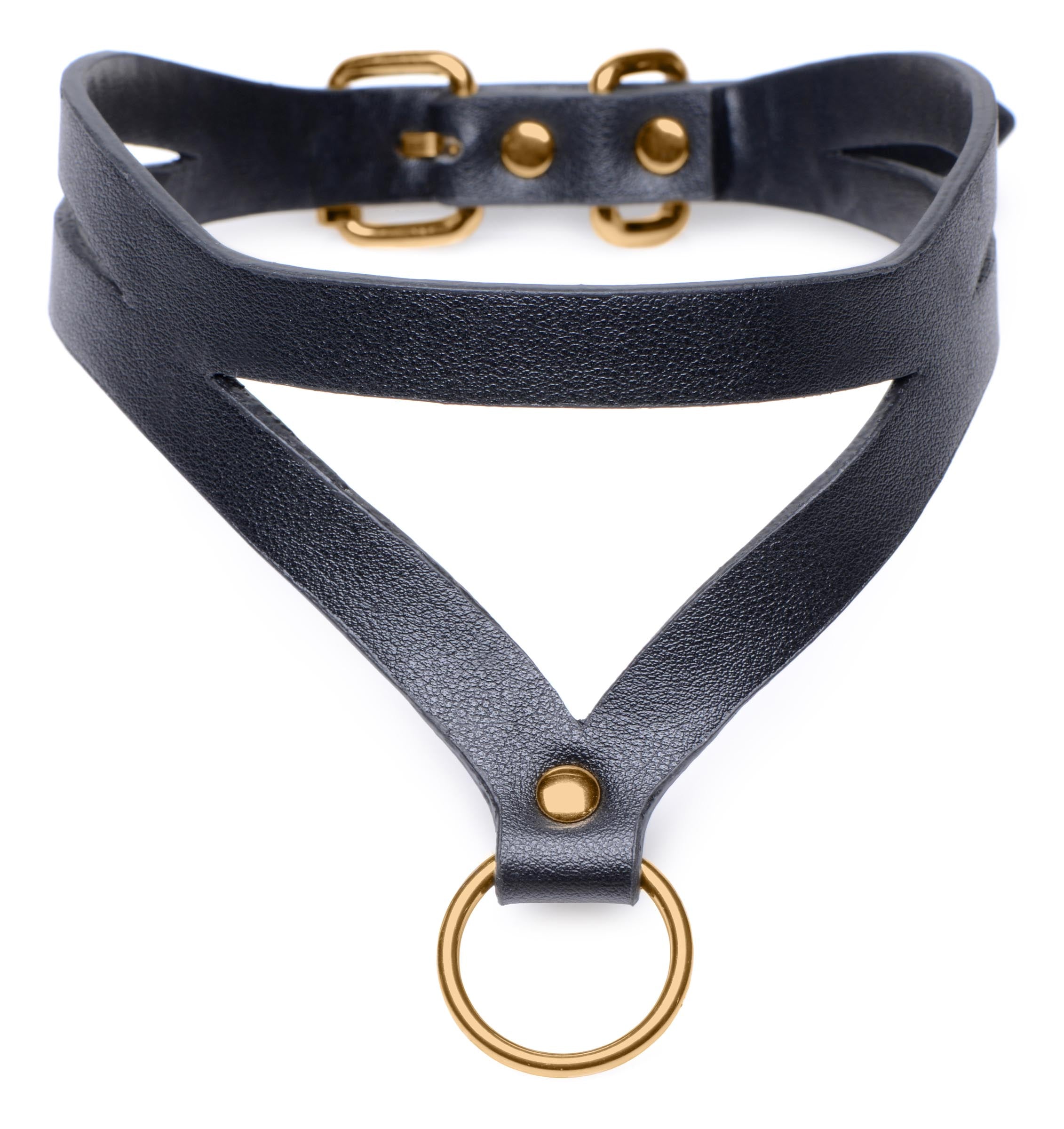 Detailed view of the Bondage Baddie Black and Gold Collar highlighting the gold O-ring