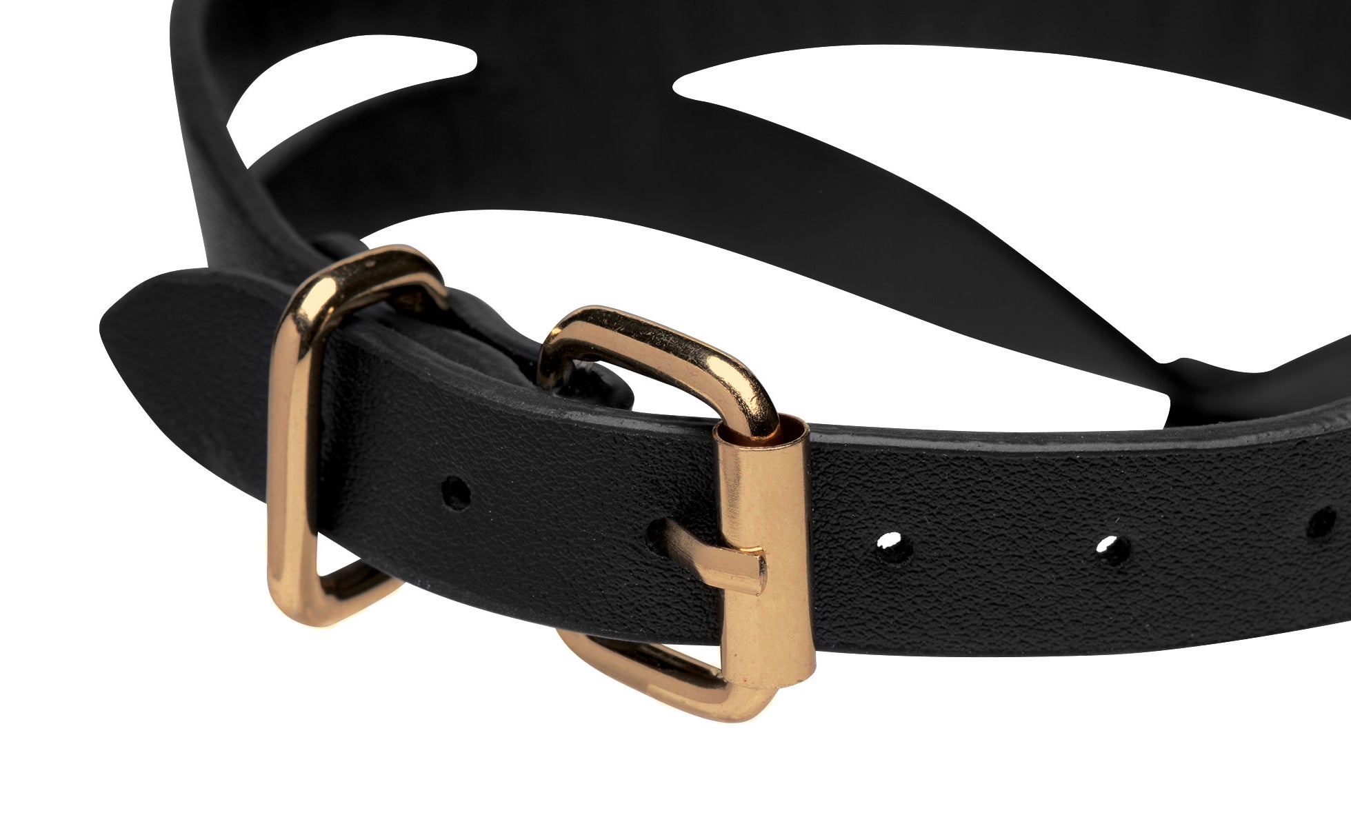 Close-up of the Bondage Baddie collar showcasing the black leather and gold buckle detail