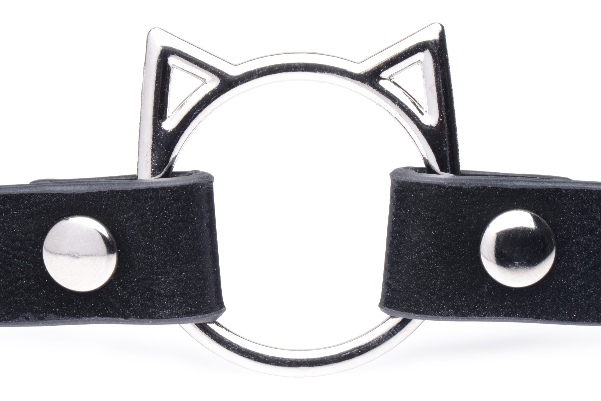 Leather choker featuring cat-shaped accents and metal ring details