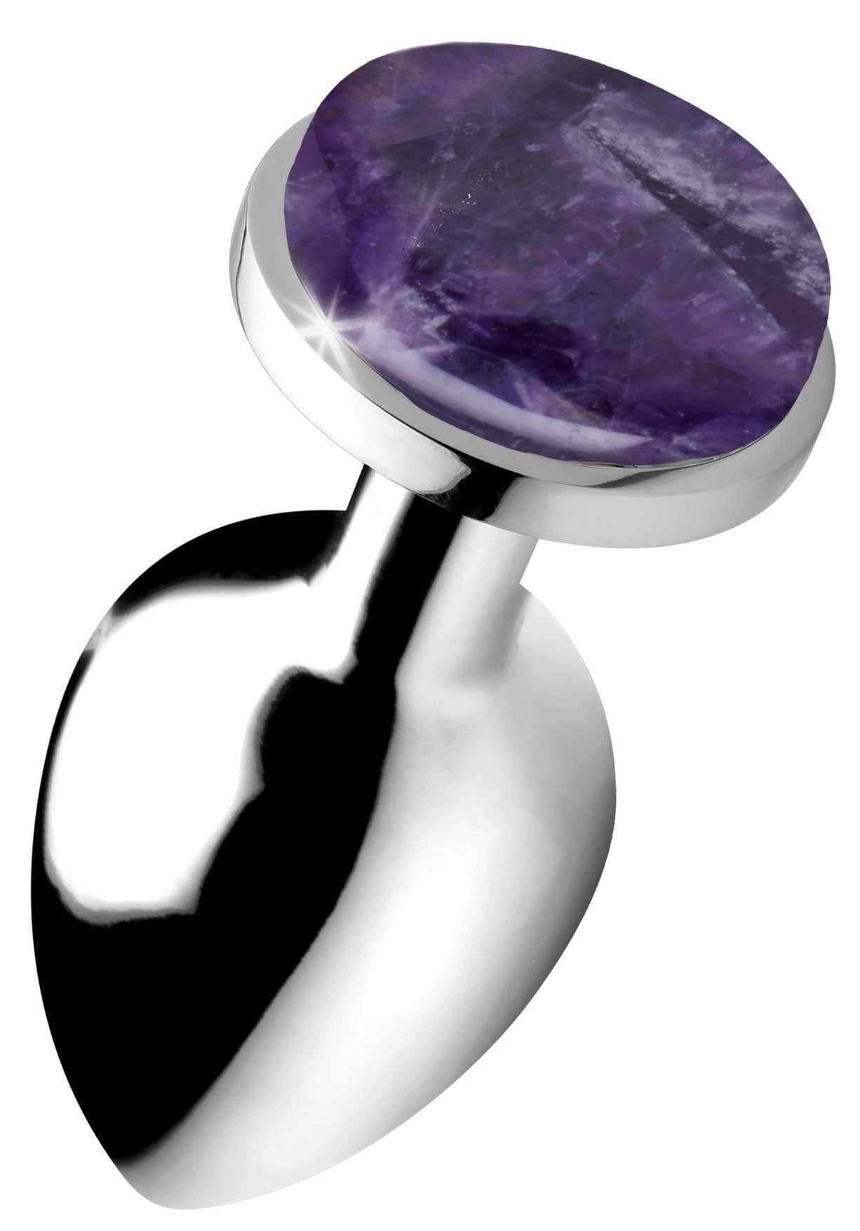 Close-up of the amethyst gemstone anal plug with silver handle