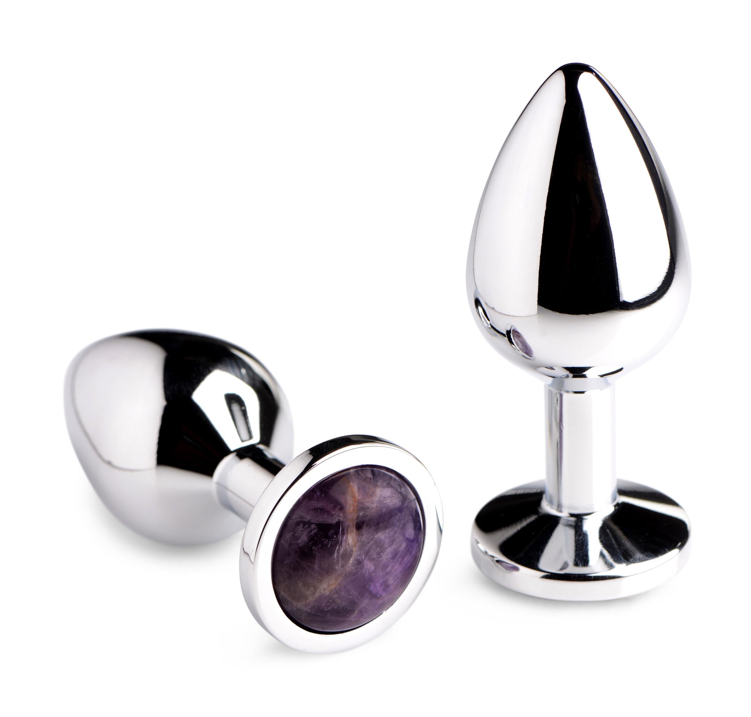 Amethyst gemstone anal plug with silver accents designed for body jewelry