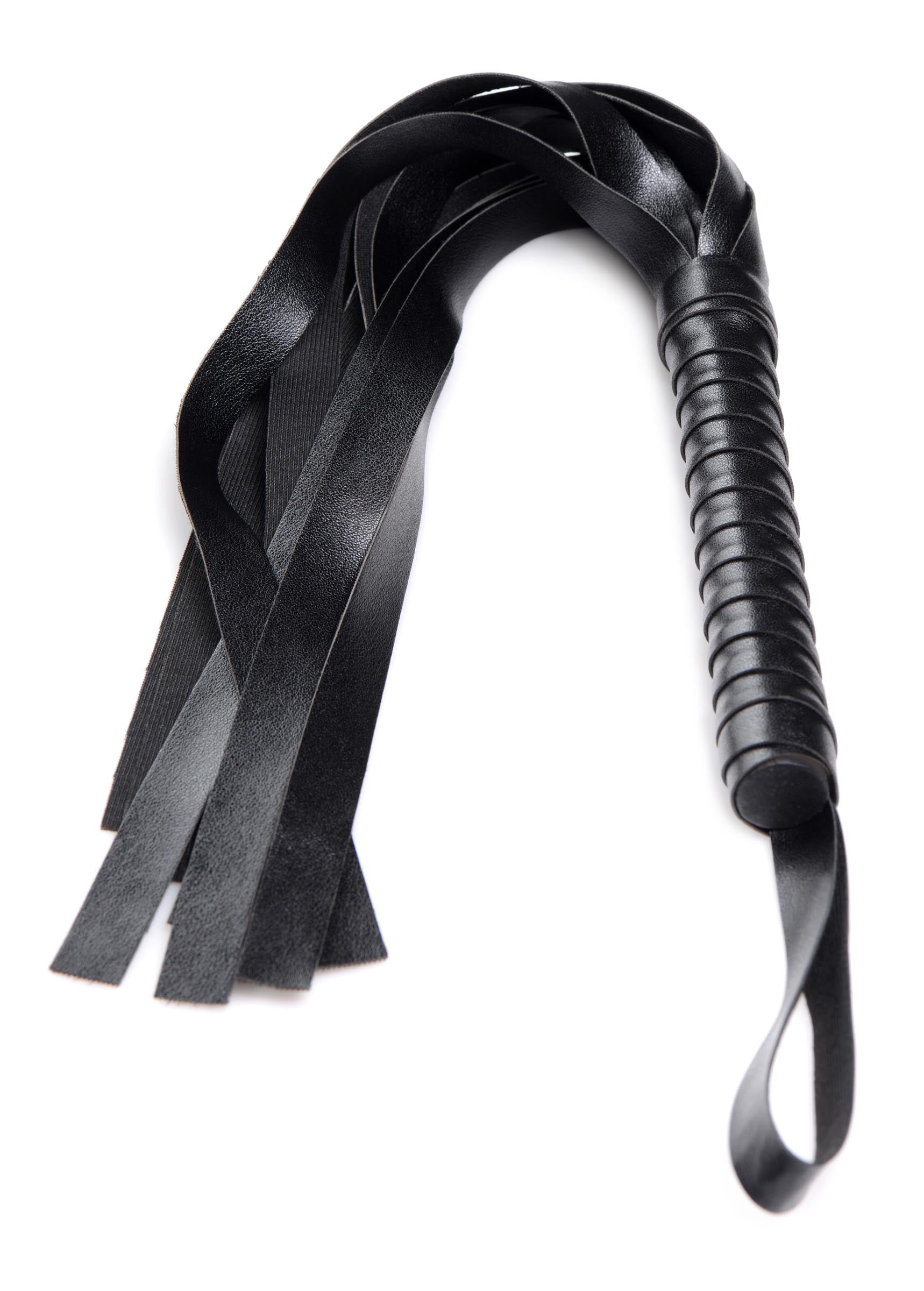 Coiled black leather flogger with multiple tails