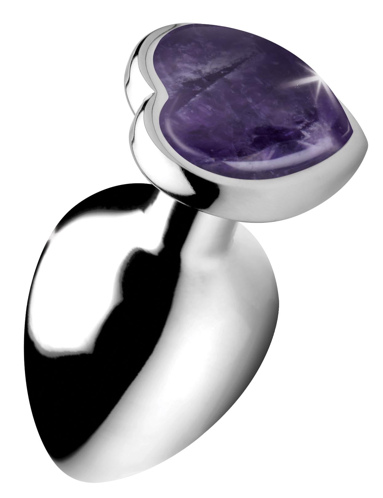 Close-up of a heart-shaped amethyst anal plug with a silver base