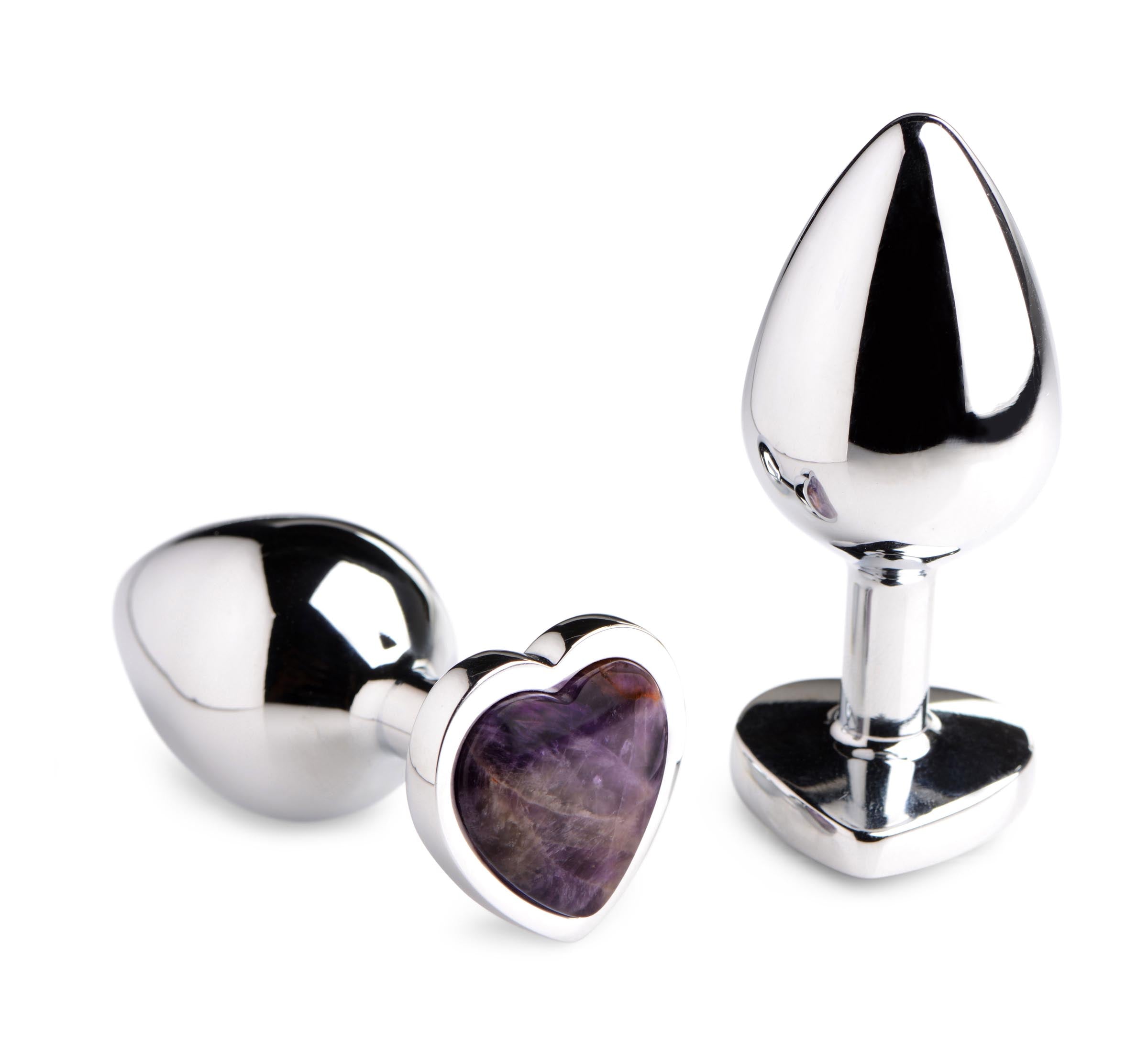 Single purple heart-shaped amethyst anal plug on a white backdrop