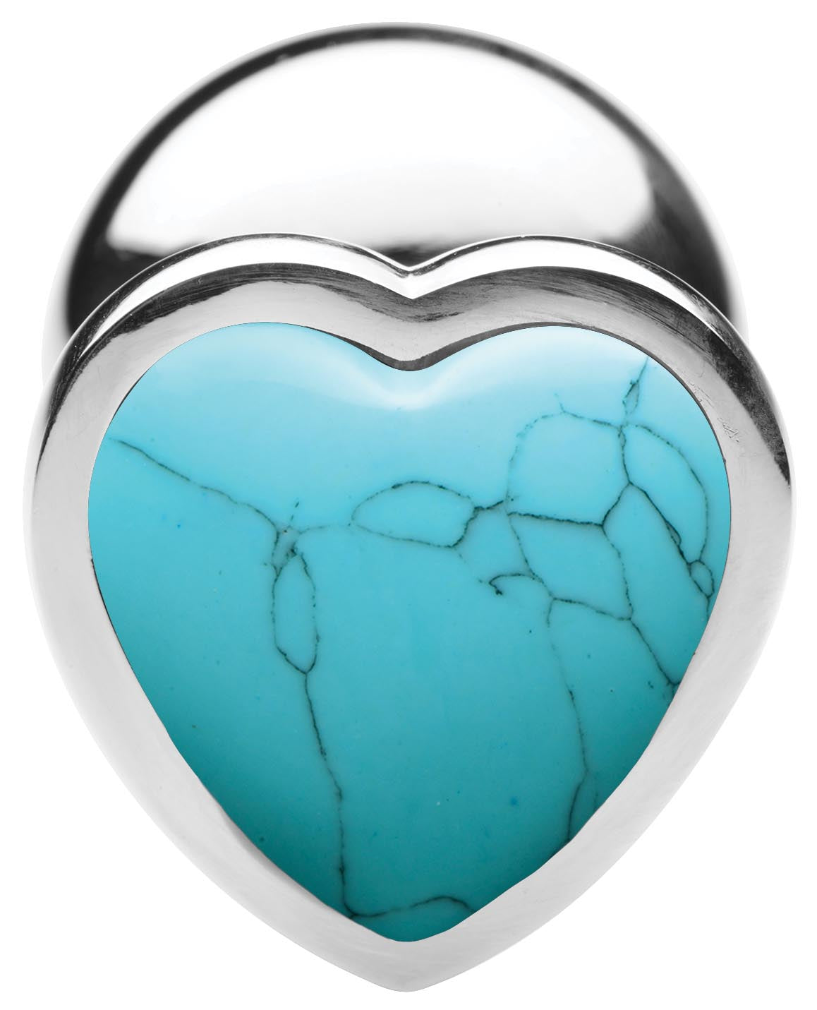 Detail view of the heart-shaped turquoise stone on a stainless steel anal plug