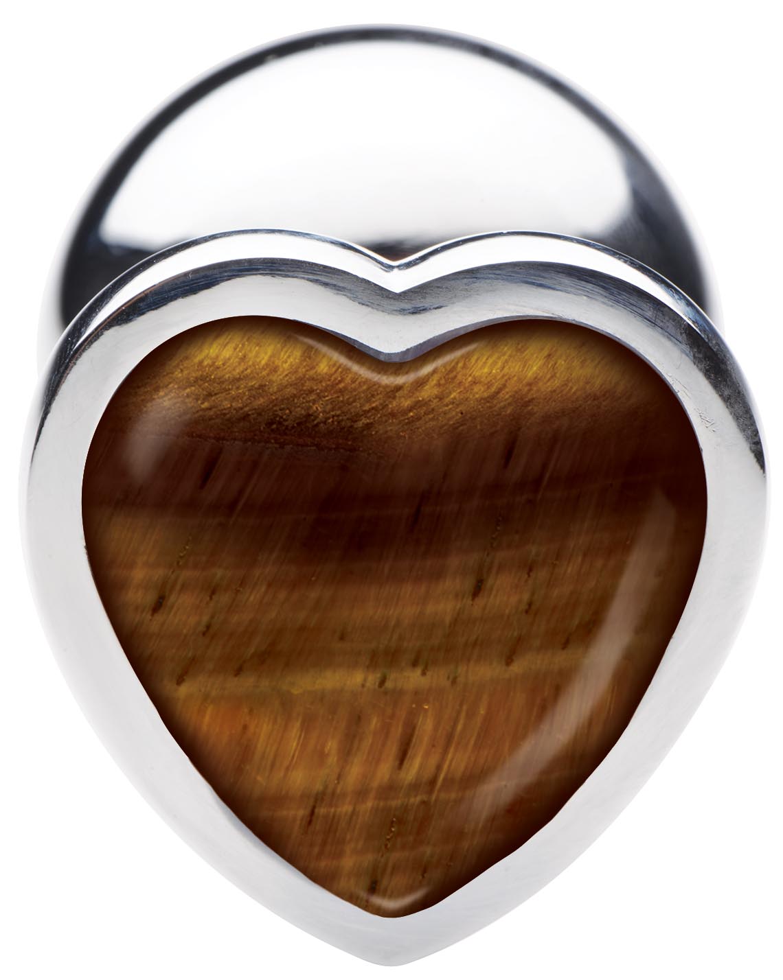 Heart-shaped Tigers Eye gemstone anal plug with a metallic base