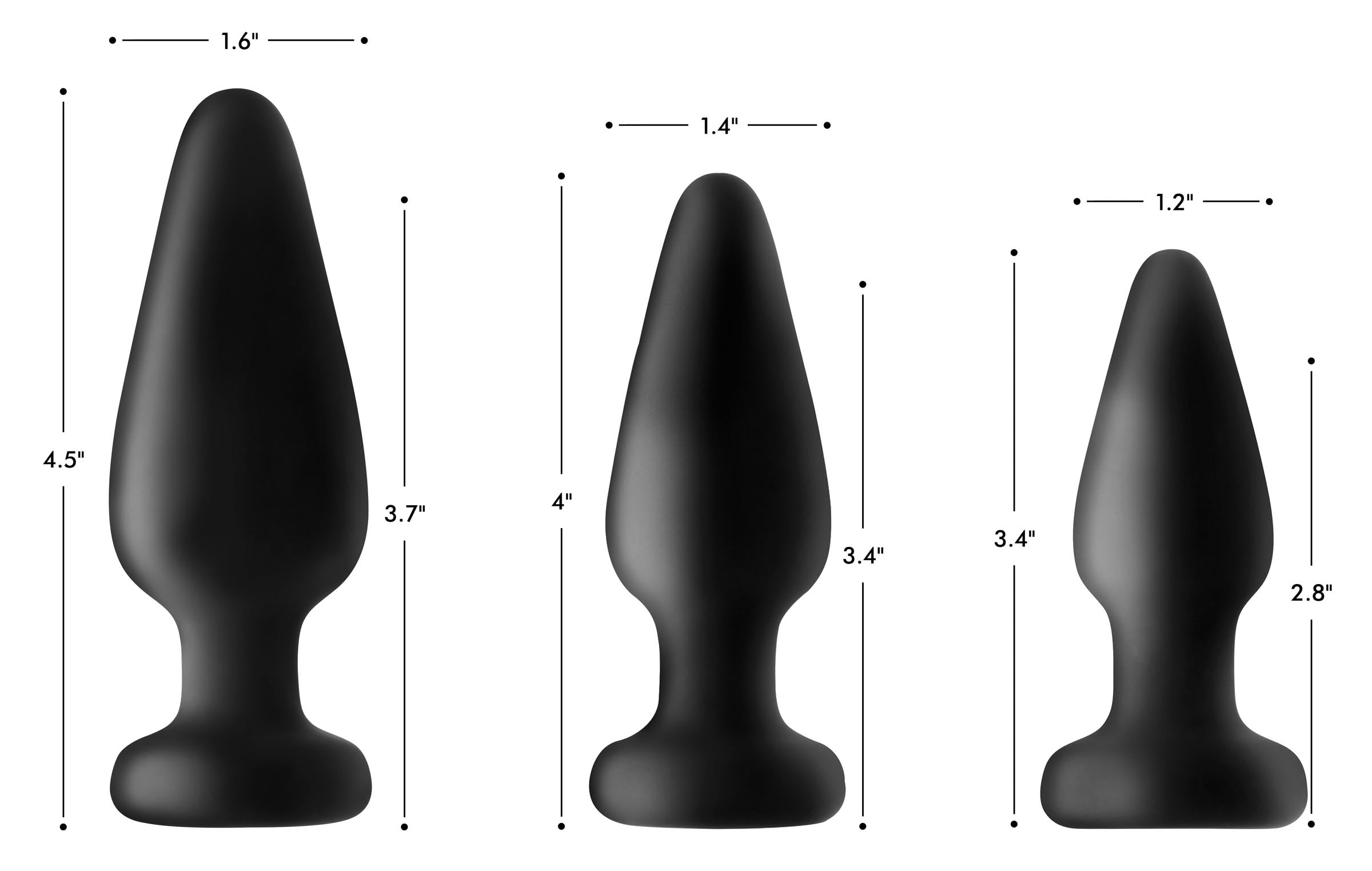 Size dimensions chart for silicone anal plugs