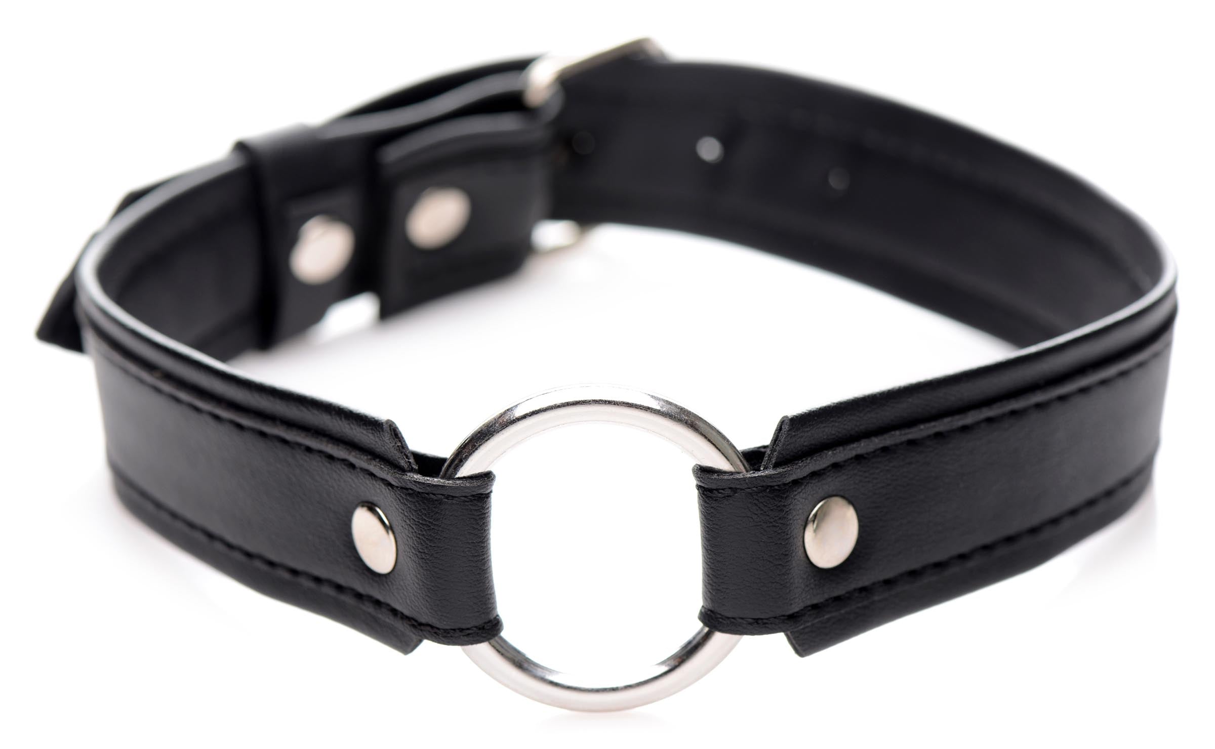 A black leather O-ring collar displayed on a white background