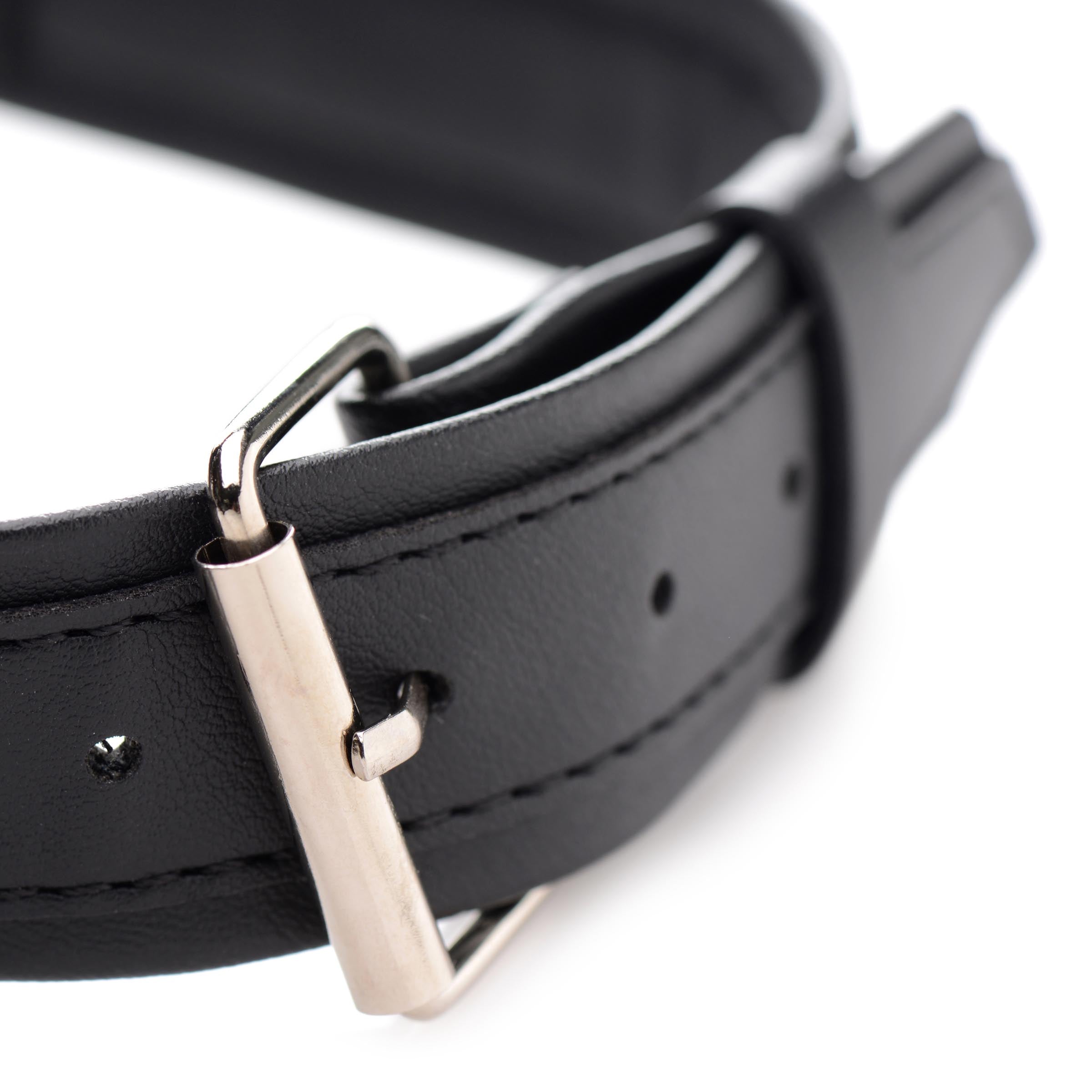 Detailed image of the black leather O-ring collar's buckle