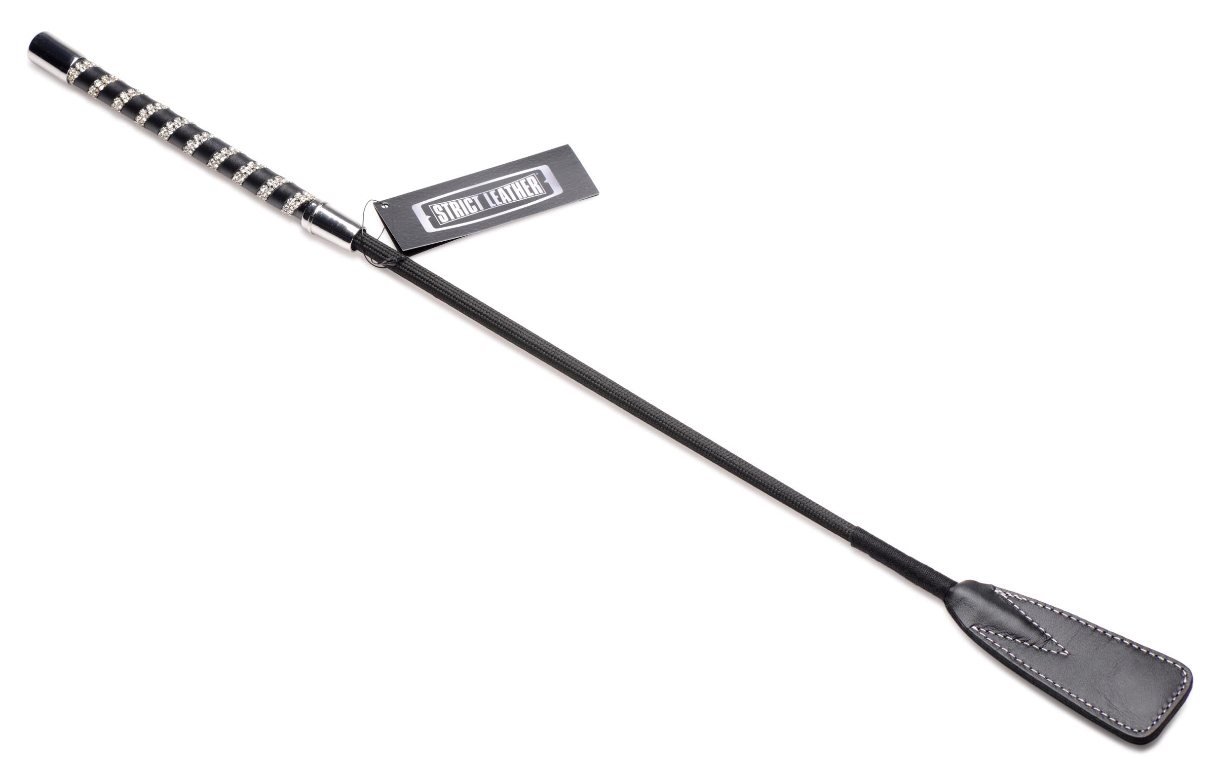 Premium leather riding crop with a black handle and a price tag