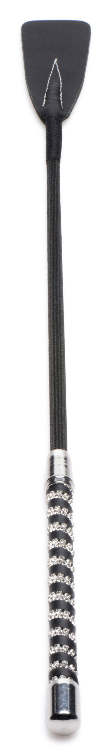 Short leather riding crop with a rhinestone-encrusted handle