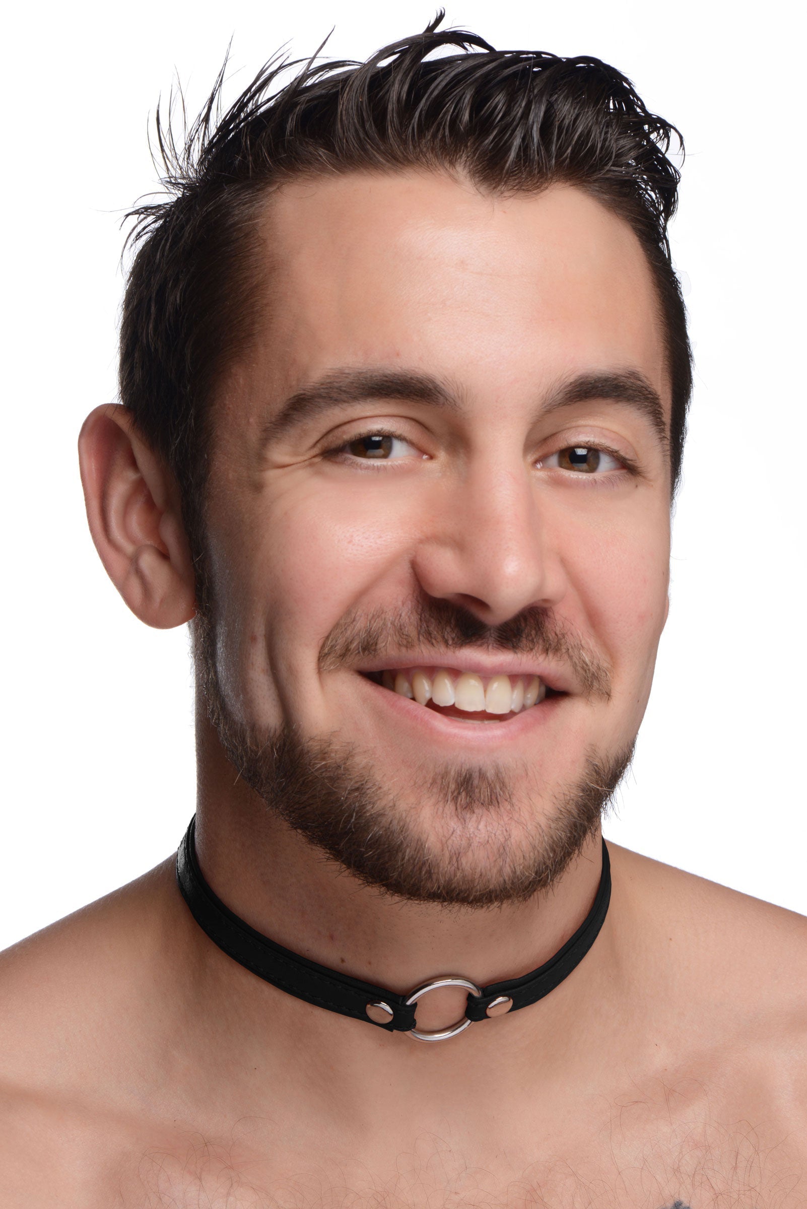 Male model displaying a black leather choker with silver ring