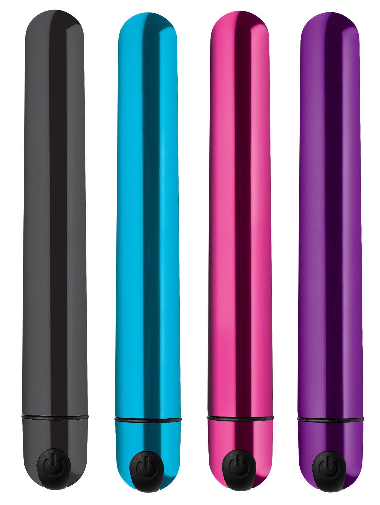 Close-up of the 10x Slim Metallic Bullet vibrator in multiple color options