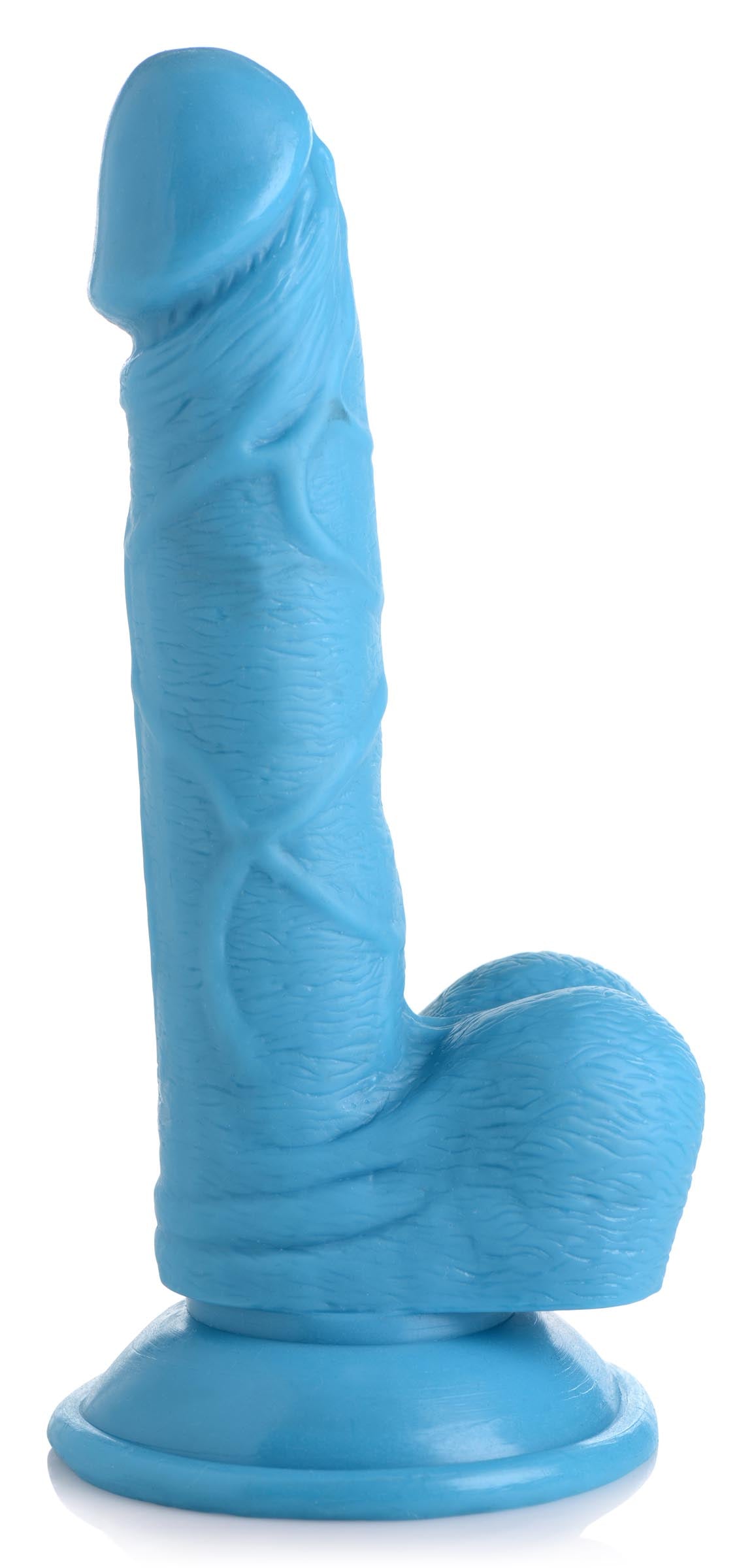 Close-up of the blue 6.5 inch dildo with balls on a white surface