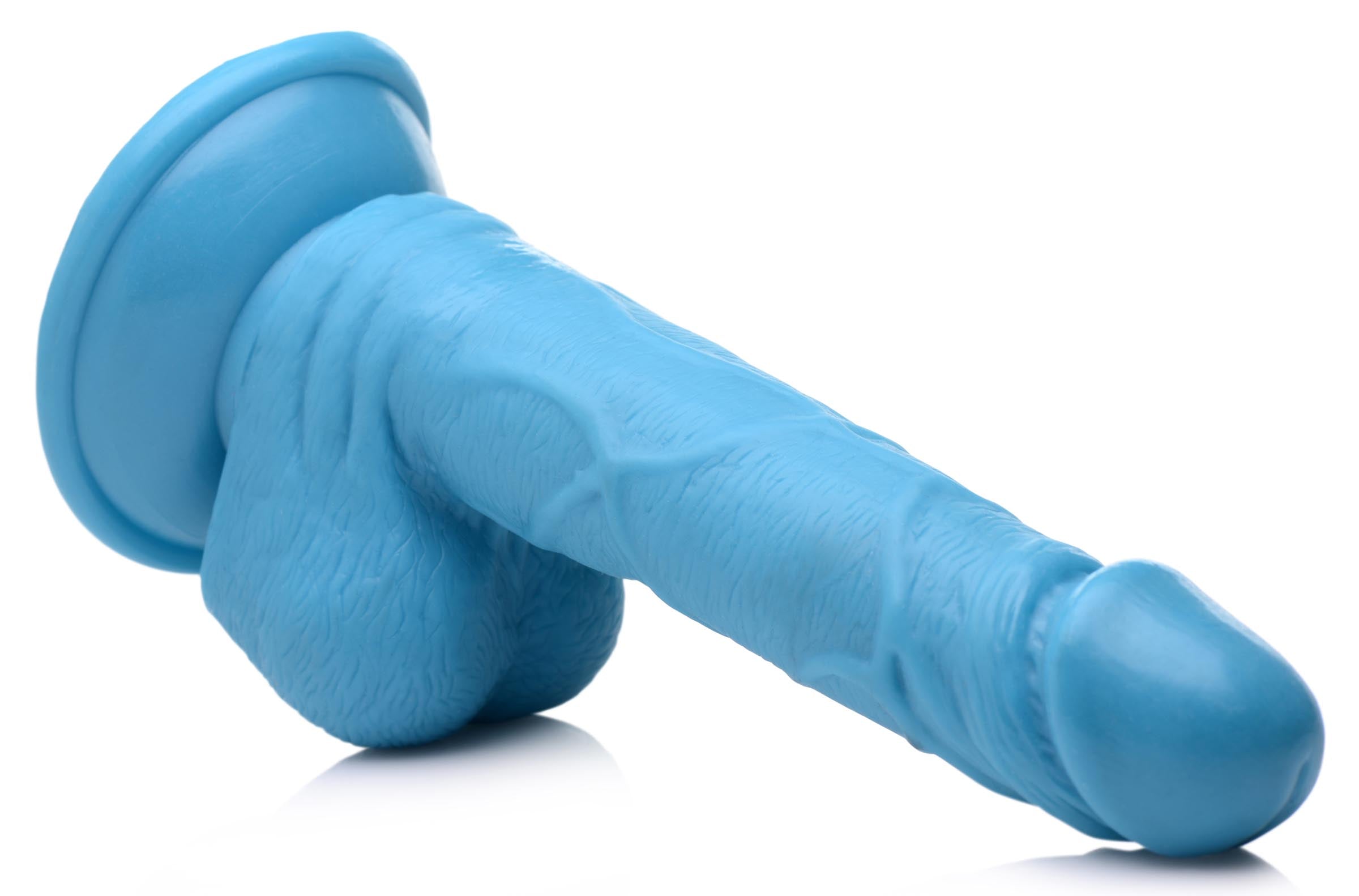 Detailed view of the blue 6.5 inch dildo with balls made from silicone material