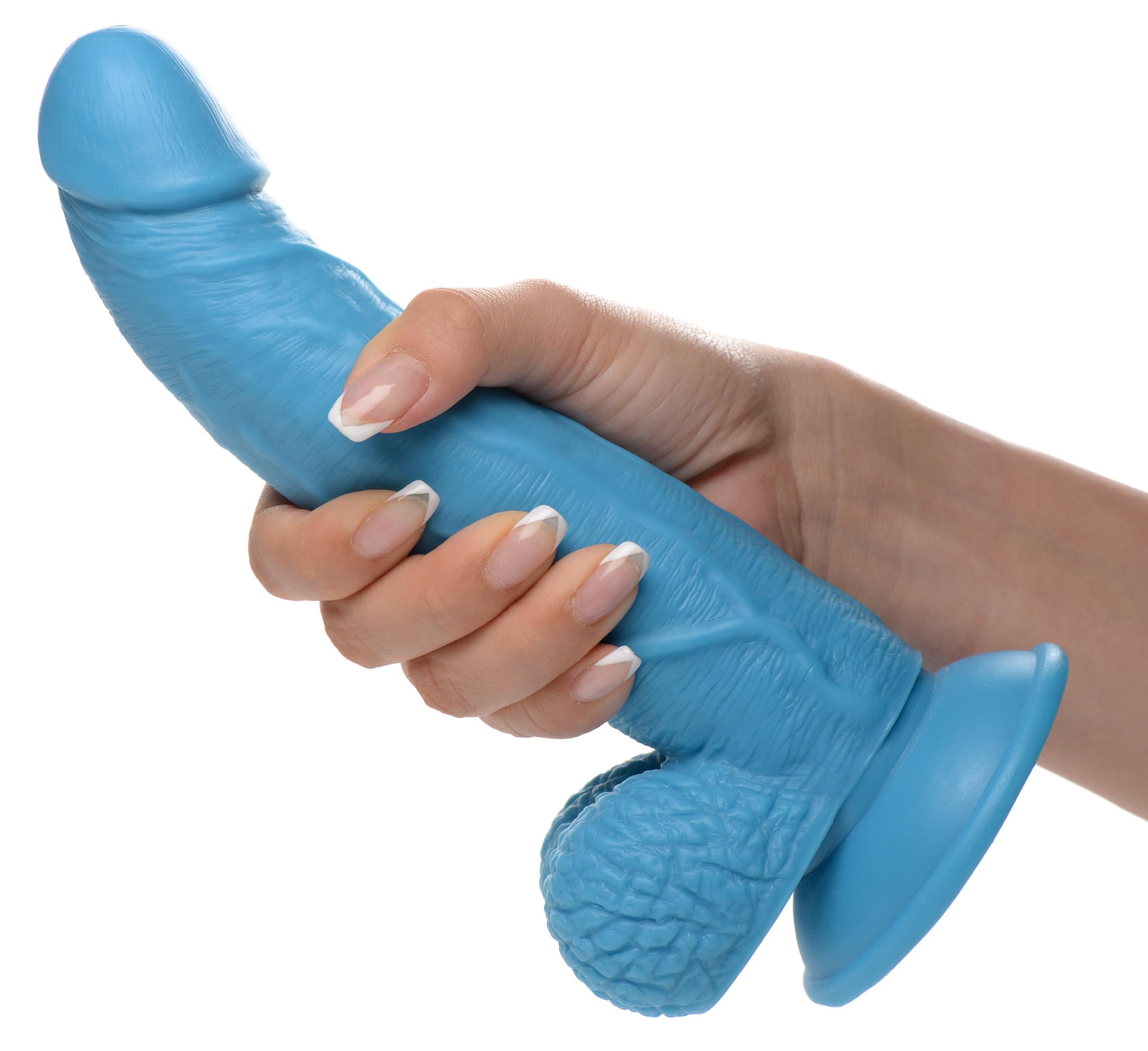 Hand presenting the 7.5-inch blue dildo with balls and a veined texture