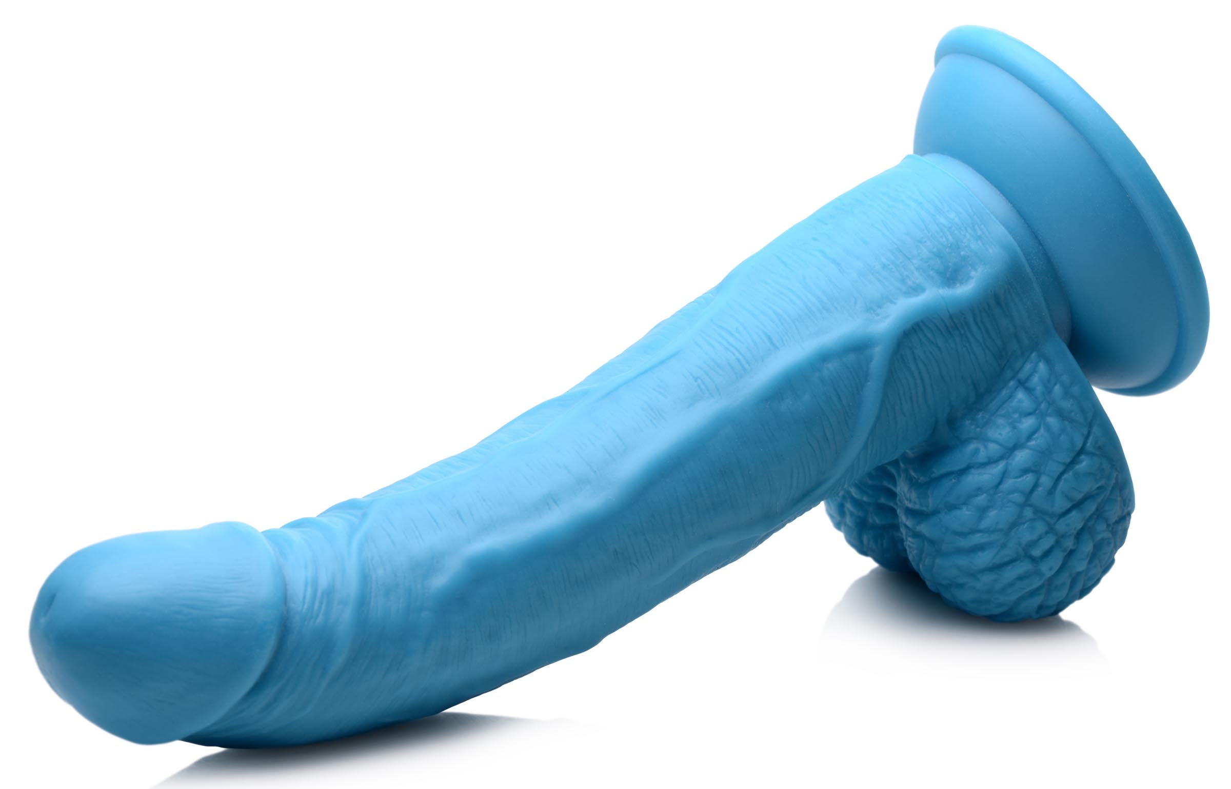 Close-up of the silicone 7.5-inch blue dildo with a pronounced head