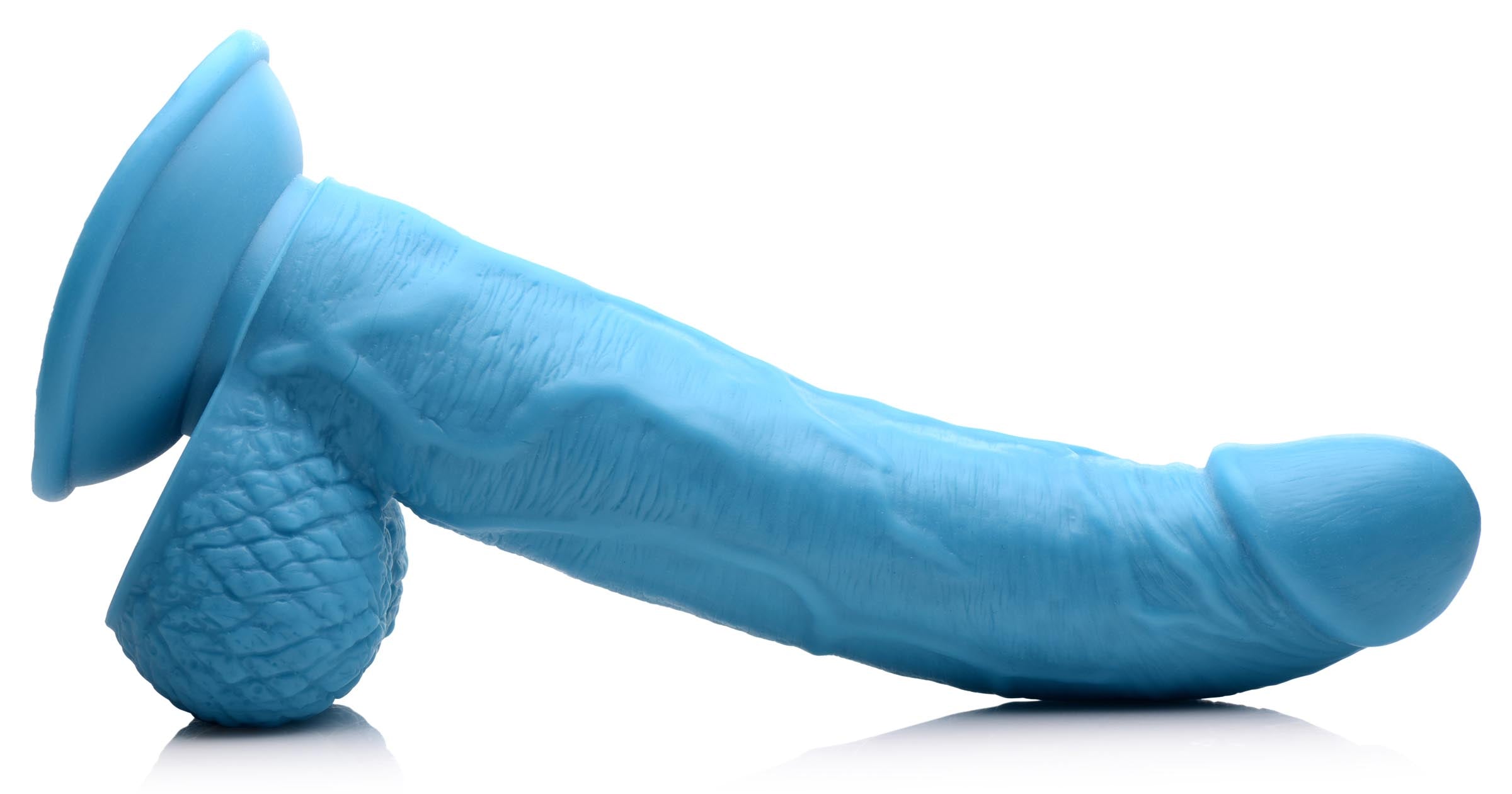 Blue silicone dildo with 7.5-inch length featuring realistic details