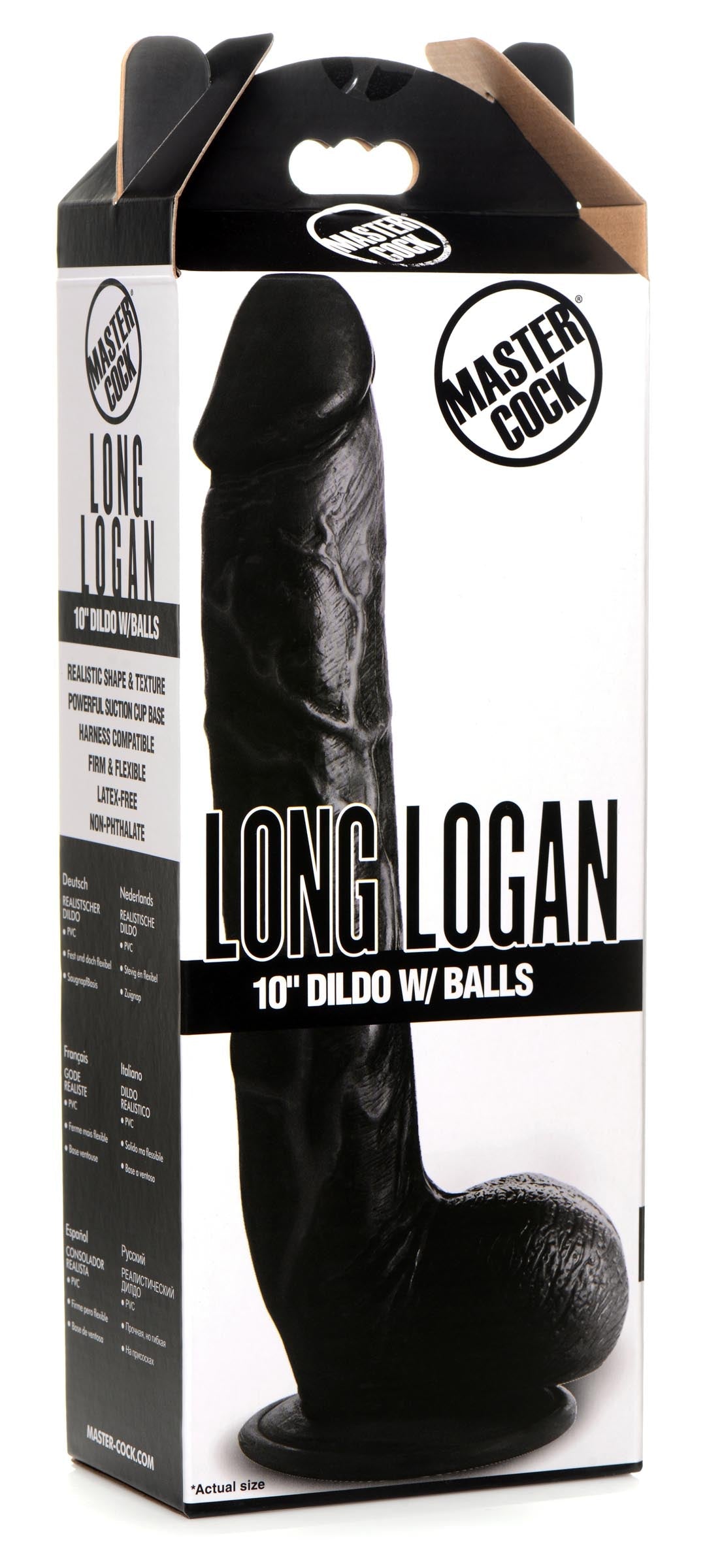 Close-up view of the Long Logan 10 Inch Dildo With Balls