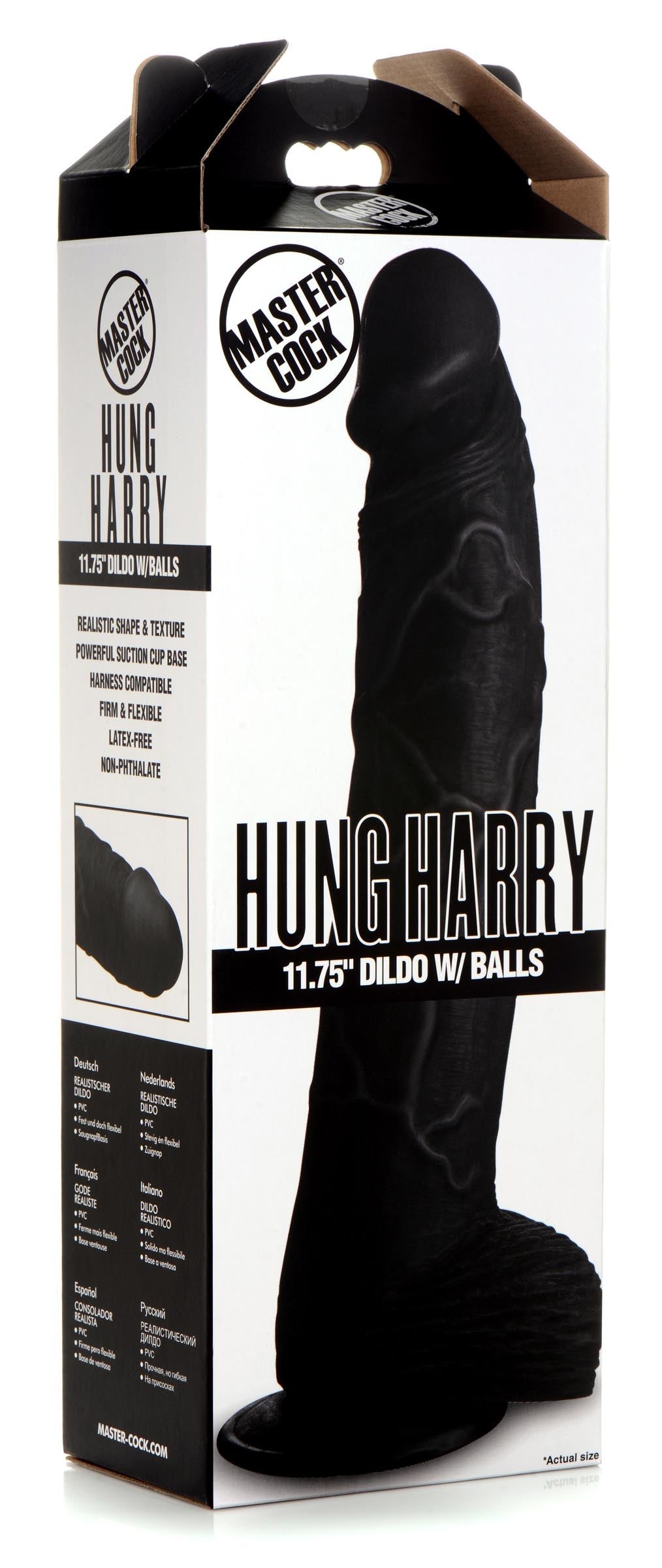 Profile view of the Hung Harry 11.75 inch black dildo