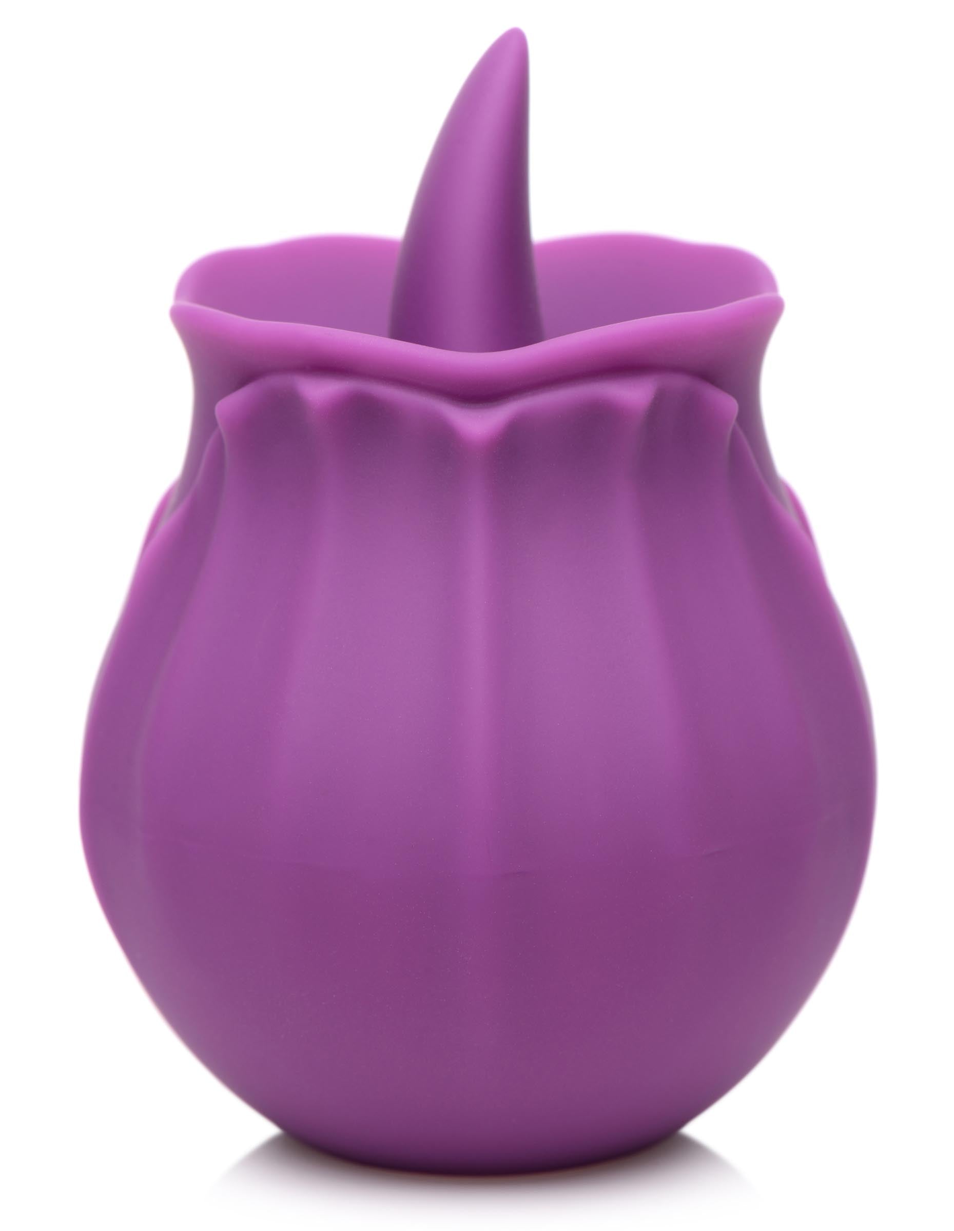 Ergonomic purple silicone clit stimulator with a curved licking tip