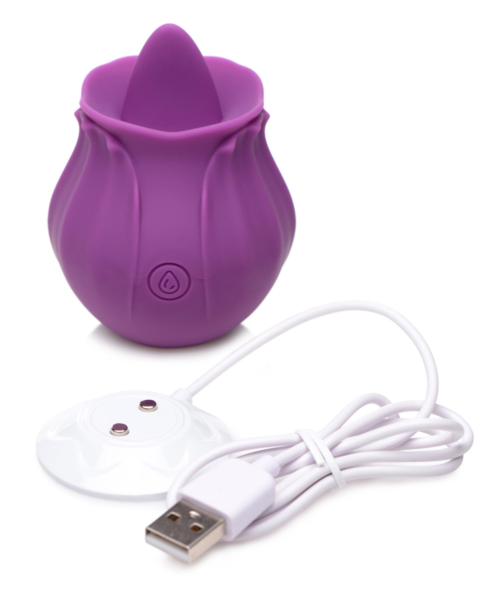 Silicone clit licking stimulator shaped like a violet flower with USB charging cable